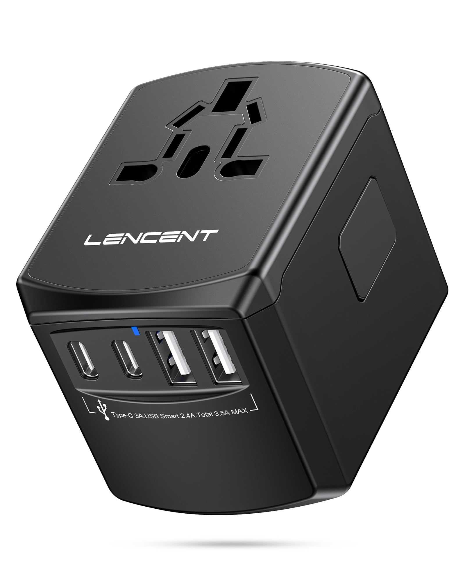 LENCENT Adaptador Universal Viagem, Carregador de Parede USB Internacional | com 2 Portas USB-A e 2 Tipo-C para EUA/Reino Unido/UE/AU e Mais de 200 Países para Telefones, Tablets, Câmeras, Preto