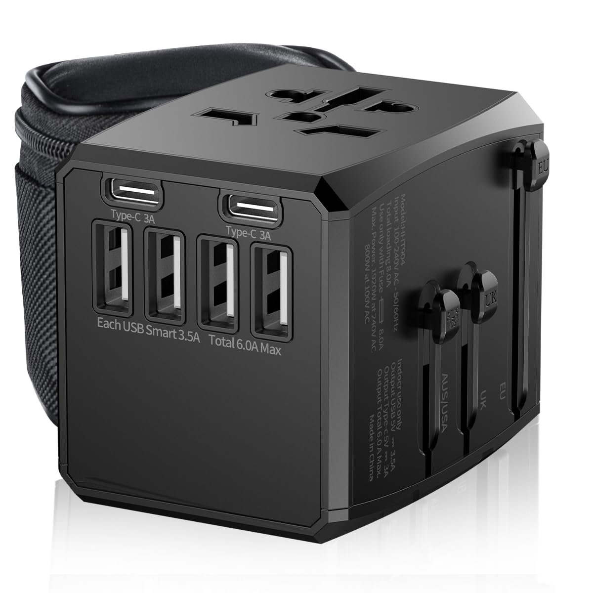 Carregador Universal com Adaptadores de Viagem, Adaptador de Tomada CA com Alimentação Inteligente de 6A 4 Portas USB A e 2 USB Tipo C de 3A para USA EU UK AUS(Bolsa de Viagem Incluída)