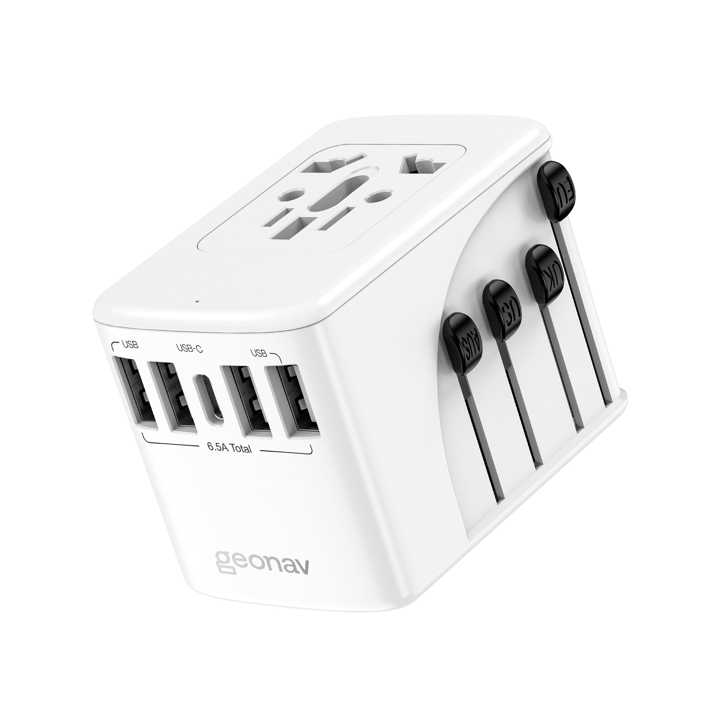 Geonav Carregador Universal com Adaptadores de Viagem, 4 Portas USB + 1 USB-C (Branco)