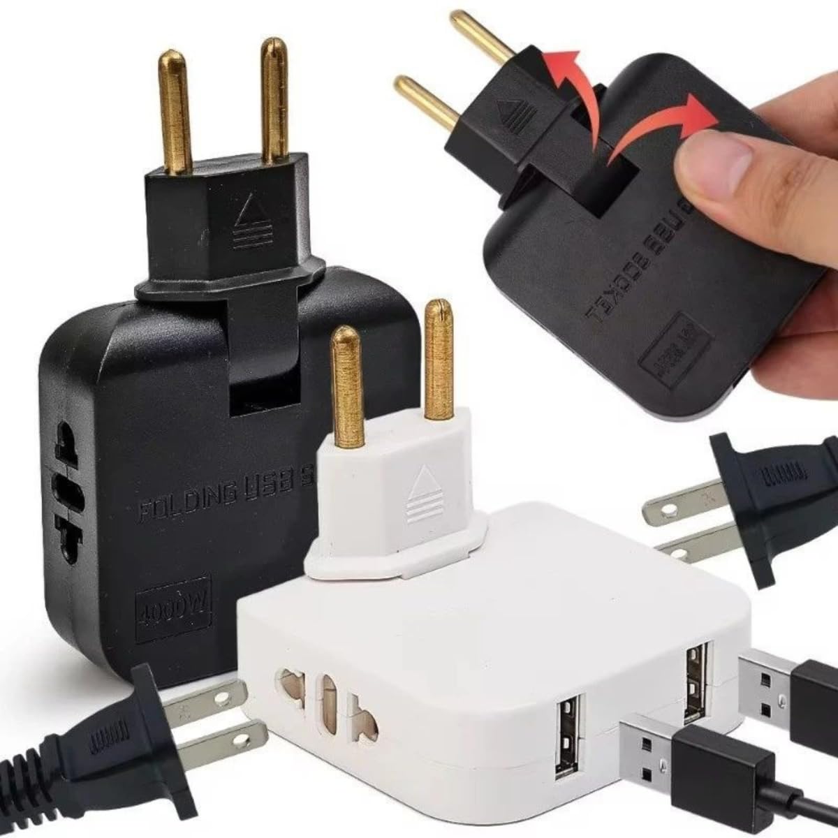Adaptador de Tomada Universal Articulado com Entrada USB Benjamin Elétrico Multifuncional Plugue Universal de Viagem Portátil e Seguro para Vários Dispositivos - Cores Sortidas