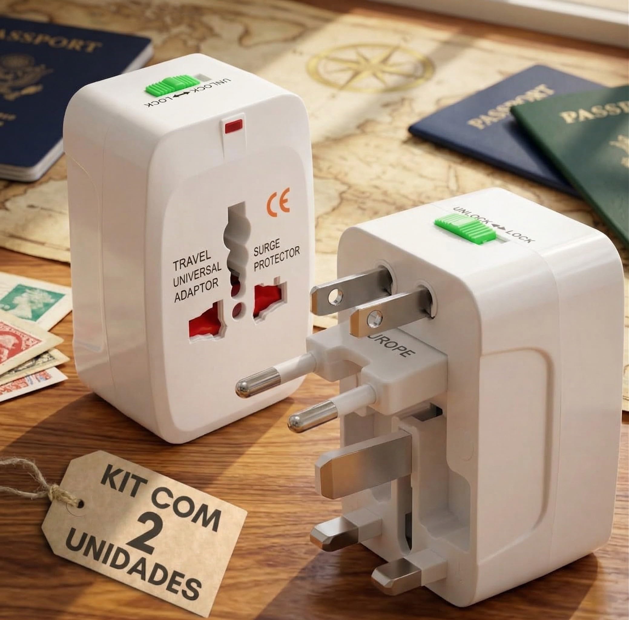 Kit 2 Adaptadores de Tomada Universal Para Viagem Padrão Internacional Europa UK Asia EUA JP AU EU Europeu 3 Pinos Mais de 150 Países Bivolt Trava de Segurança Portátil Ajustável Super PREMIUM
