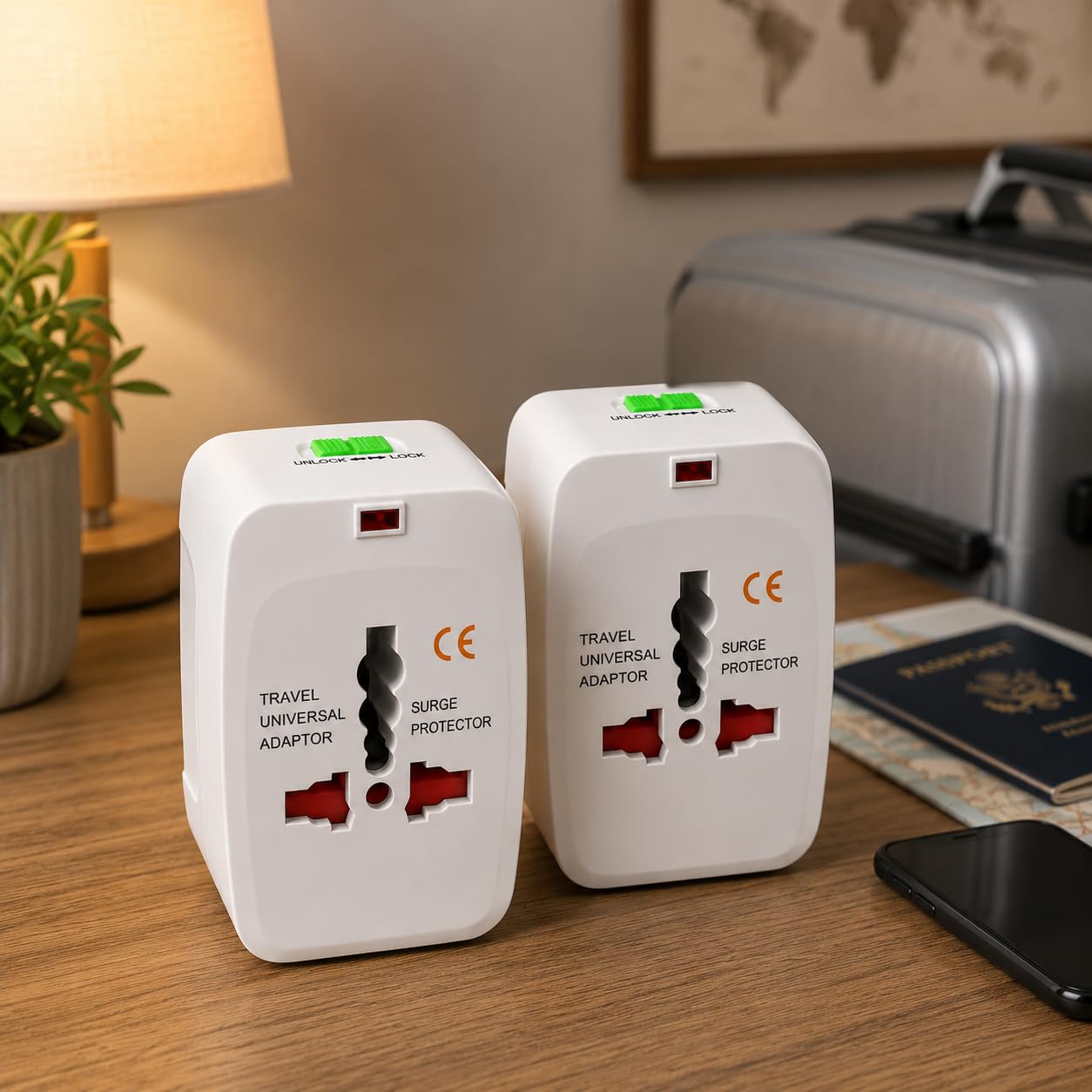 Kit 2 Adaptadores de Tomada Universal para Viagem, Padrão Internacional Europa UK Ásia EUA Japão Austrália, 3 Pinos, Mais de 150 Países, Bivolt com Trava de Segurança, Portátil Ajustável