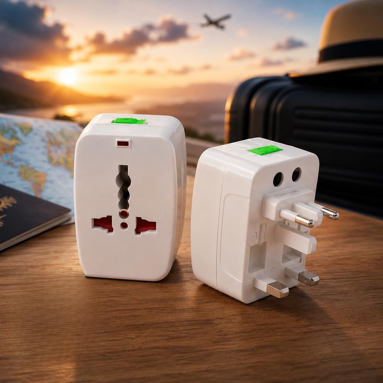 Kit com 2 Adaptador de Tomada Universal para Viagem, Compatível com +150 Países, Bivolt 110V–250V, Padrões Internacional Europa UK EUA Ásia JP AU, 3 Pinos com Trava de Segurança, Compacto Portátil