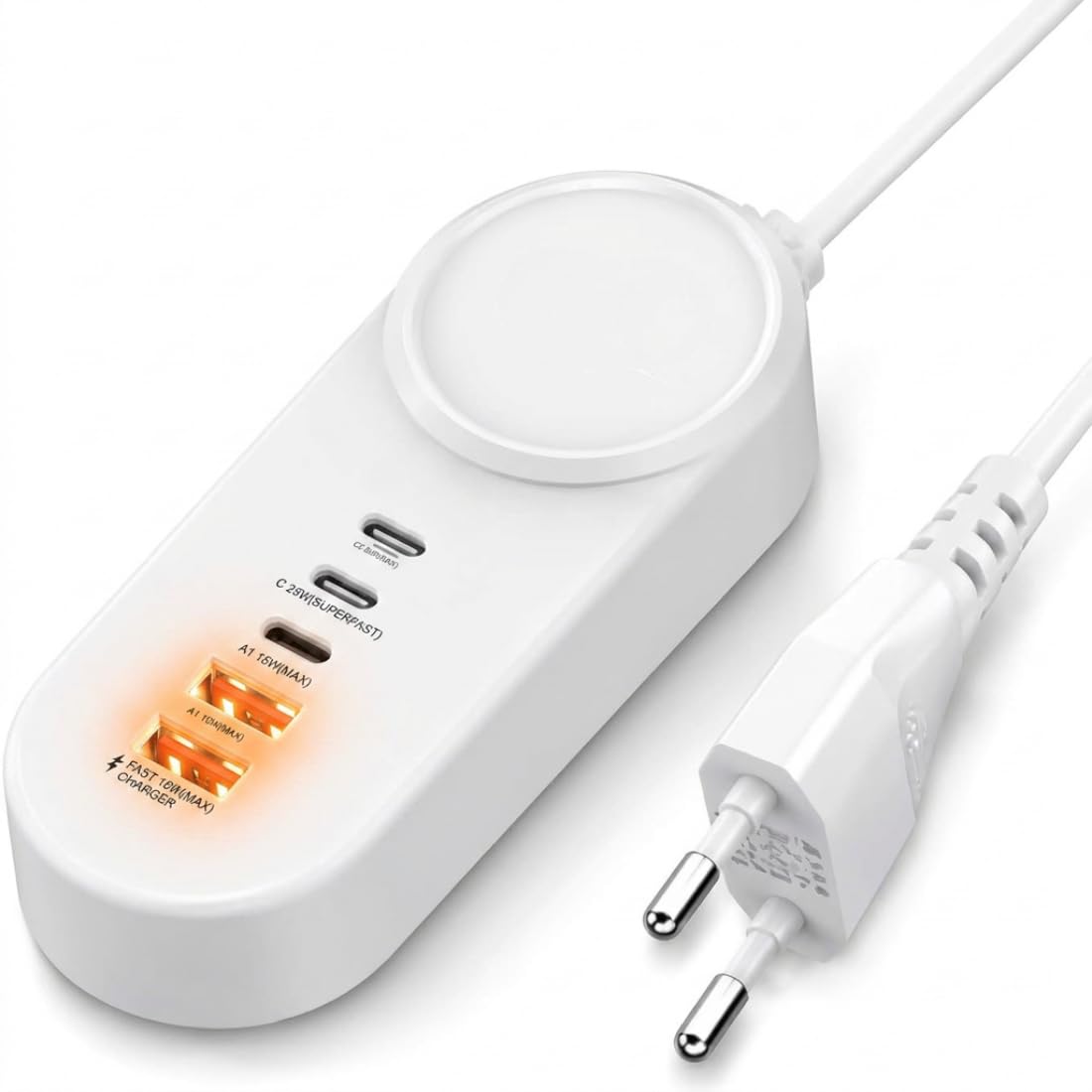 Adaptador e Extensão de Viagem com Carregamento Rápido 25W, Uso Doméstico, 2 USB-A + 2 USB-C, Carrega 4 Dispositivos Simultaneamente, Proteção Inteligente