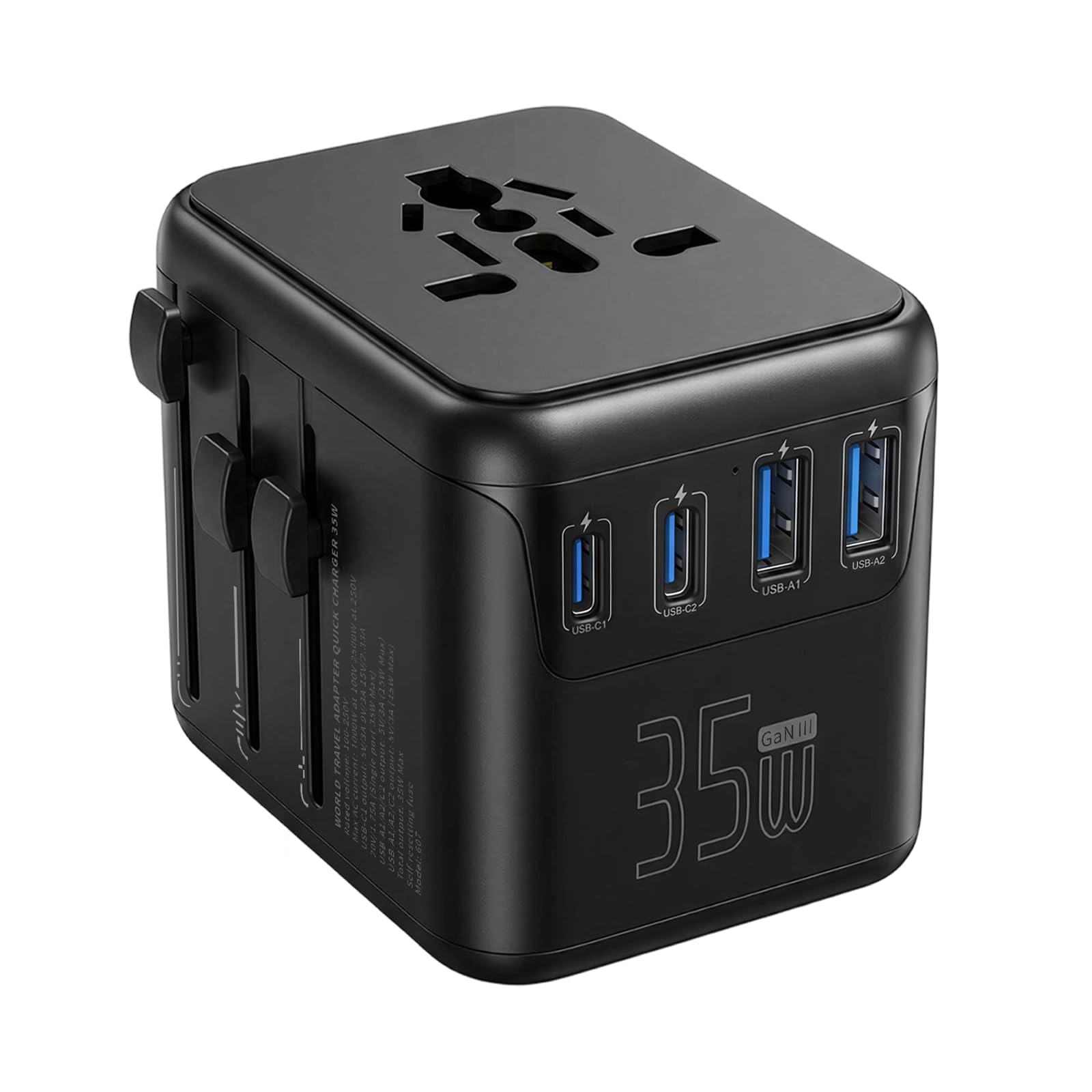 35W Adaptador de Tomada Universal para Viagem Internacional Carregador Universal, 2 Portas USB-C + 2 USB-A (Preto) 35W