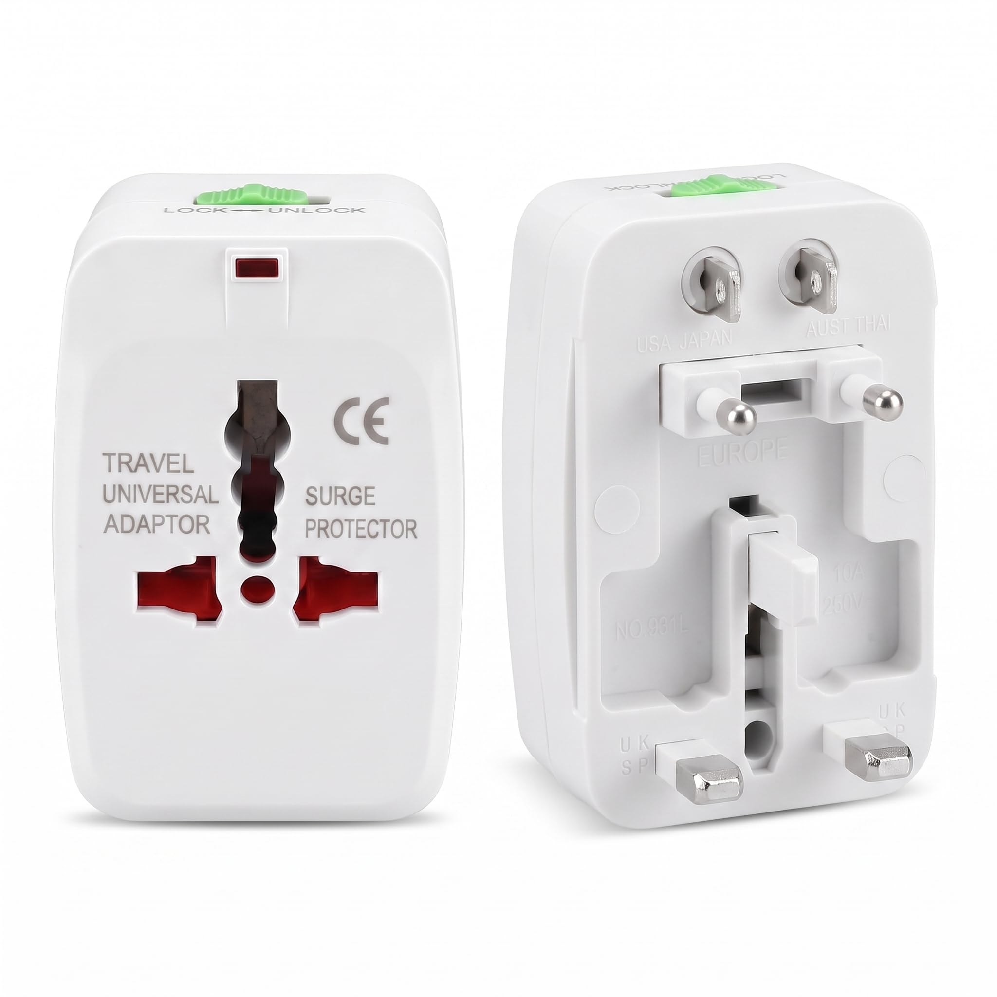 Kit 2 Adaptadores de Tomada Universal para Viagem Internacional Pinos Retráteis para Europa, Reino Unido, EUA, Ásia e Austrália Mais de 150 Países BIVOLT com Trava de Segurança Compacto Portátil