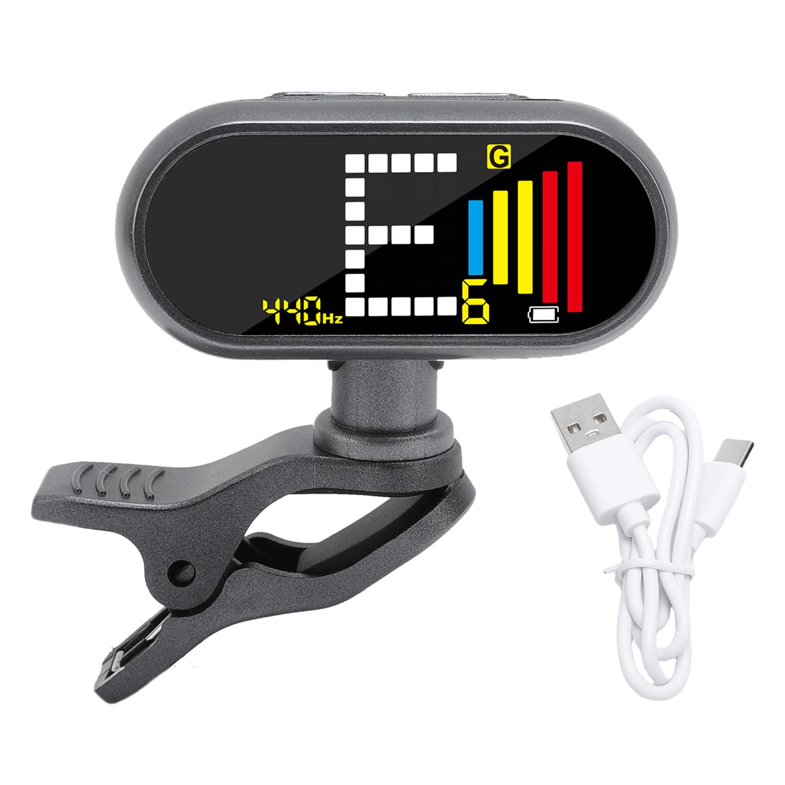 Eujgoov Afinador de Guitarra Recarregável, 360 Graus Rotatable LCD Color Display Crompic on Tuner for Bass Ukulele Violin