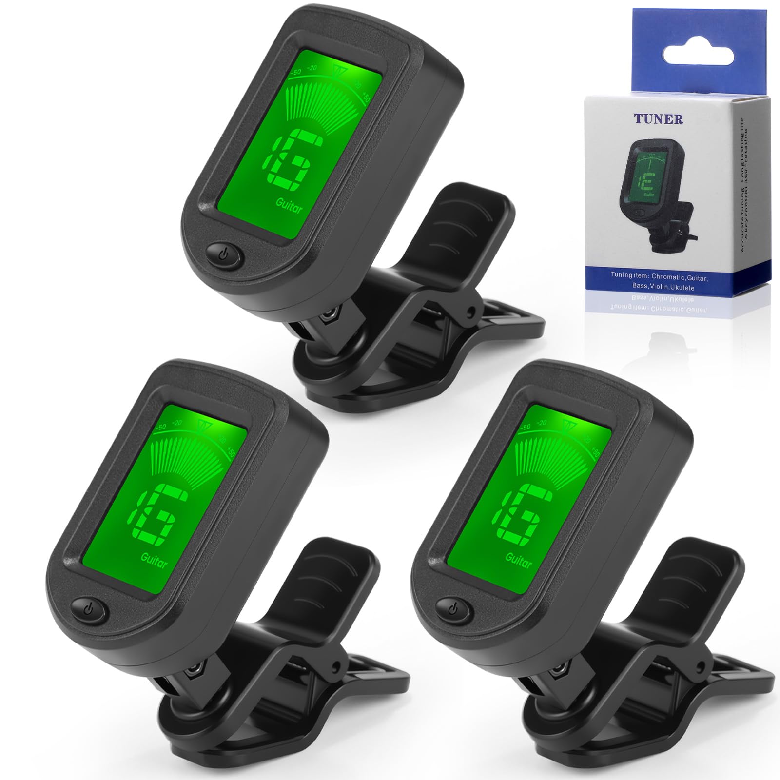 Boao Afinador de guitarra de 3 peças, sintonizador de clipe com modos cromáticos, visor LCD digital transparente eletrônico, rotação de 360 graus para guitarra acústica/elétrica, ukulele, baixo