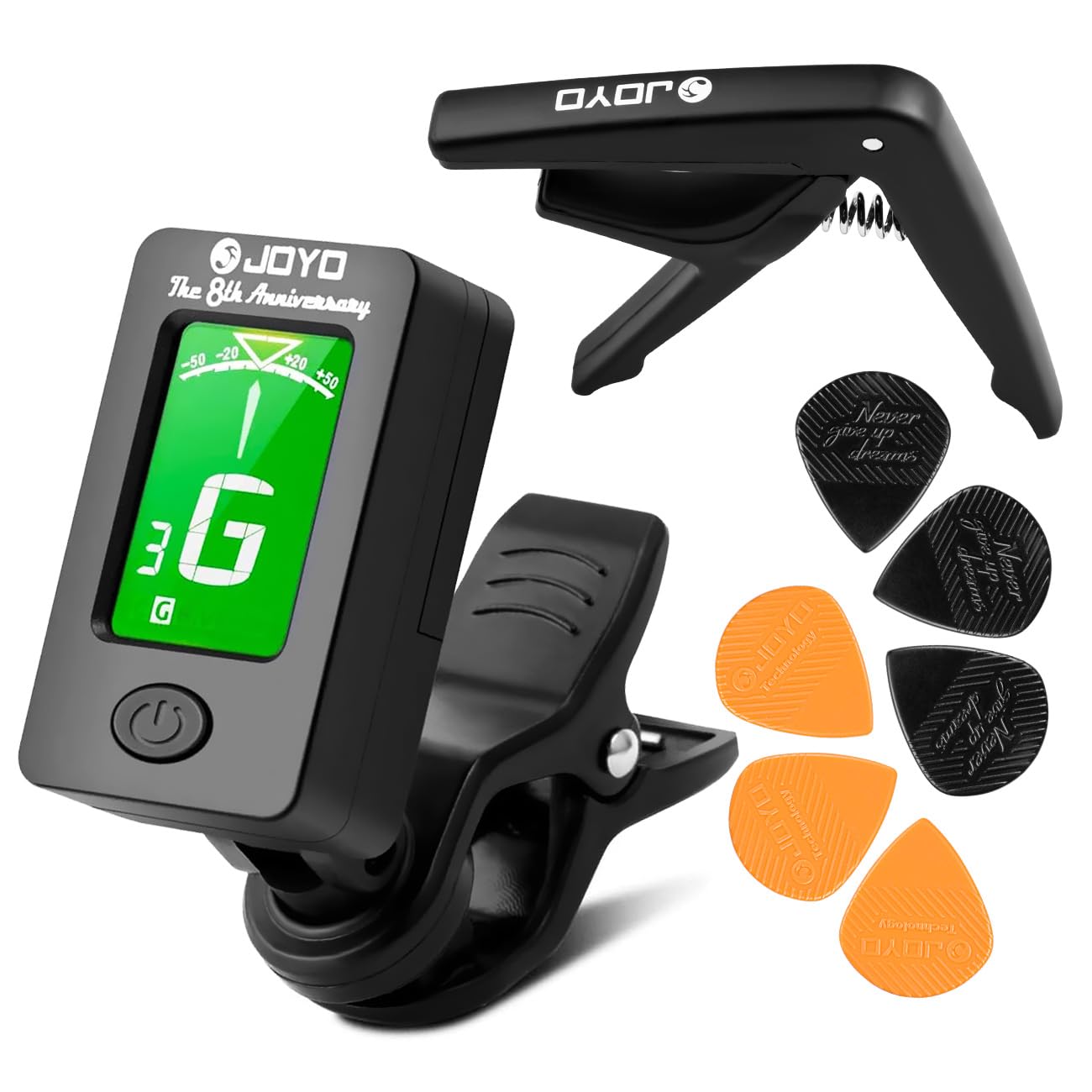 JOYO Capo de guitarra com clipe de afinador de guitarra com 6 peças palhetas acessórios de guitarra sintonizador eletrônico digital para guitarra elétrica, baixo, acústico, ukulele, violino