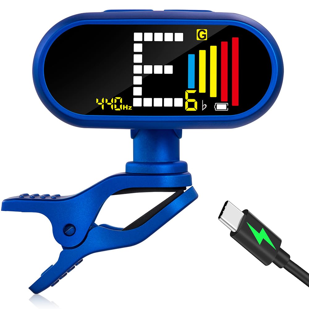 EX Afinador de guitarra cromático recarregável profissional — Afinador de encaixe rápido e ultra preciso com LCD colorido para guitarra acústica, baixo, ukulele e violino, azul