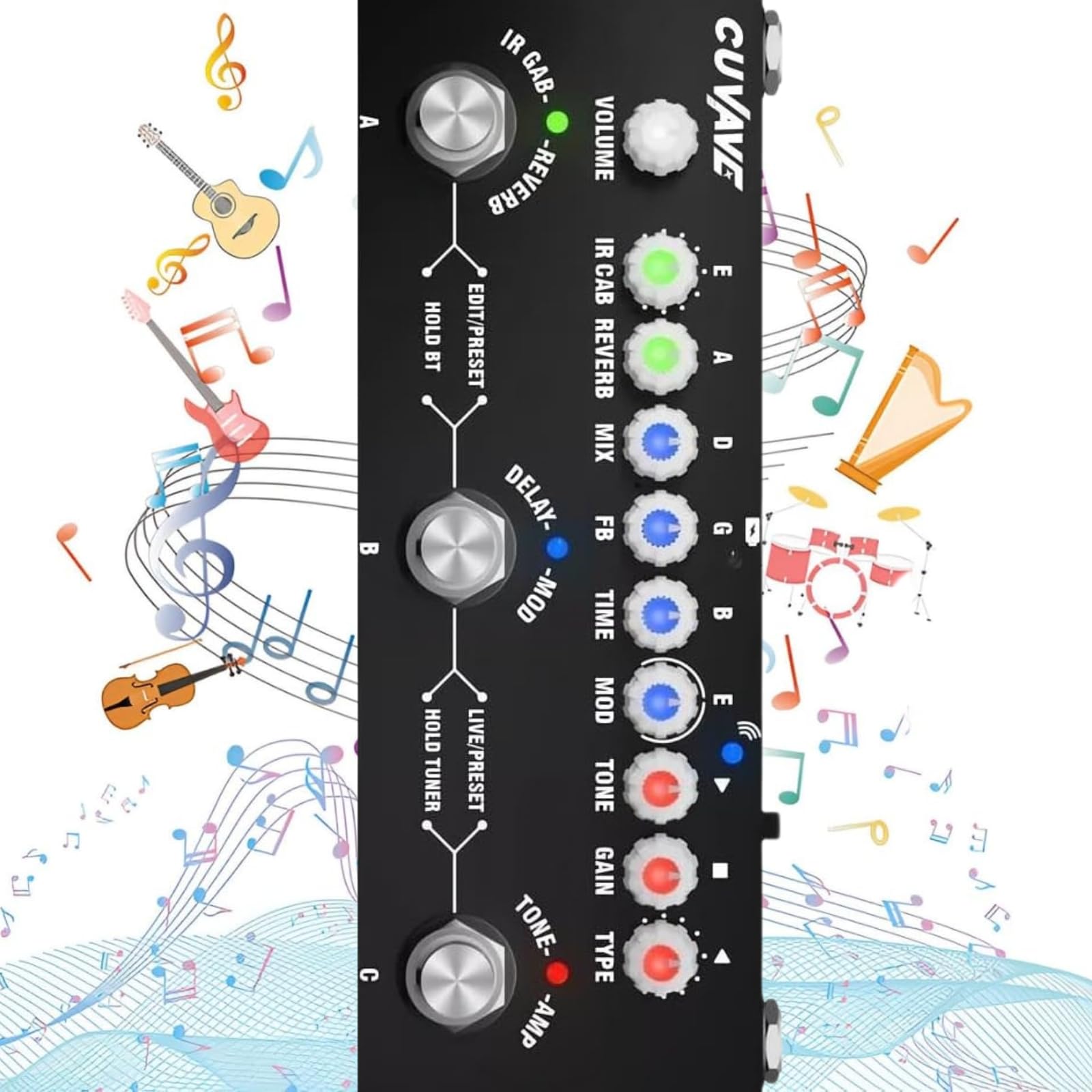 VEDO Pedal de Efeitos para Guitarra CUBE BABY Multifuncional Portátil com 9 Simulações de Amp 8 IR CAB Bluetooth Gravação em Celular Bateria Integrada Tuner e Modos PRESET/LIVE/EDIT para Músicos