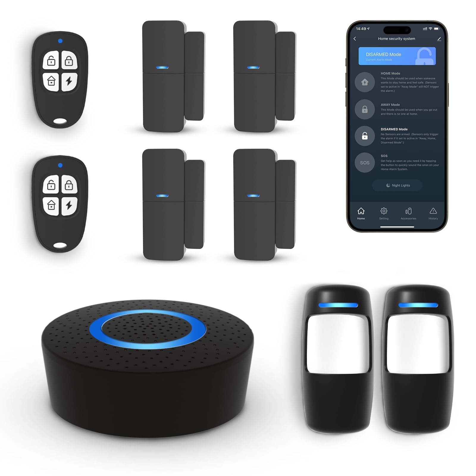 Sistema De Alarme Residencial Sem Fio Grsico, Kit Com 9 Peças, Wi-Fi Para Segurança Alerta Aplicativo Telefone (Sirene Preta, Controle Remoto, Sensores Movimento E Porta) Casa, Apartamento, T