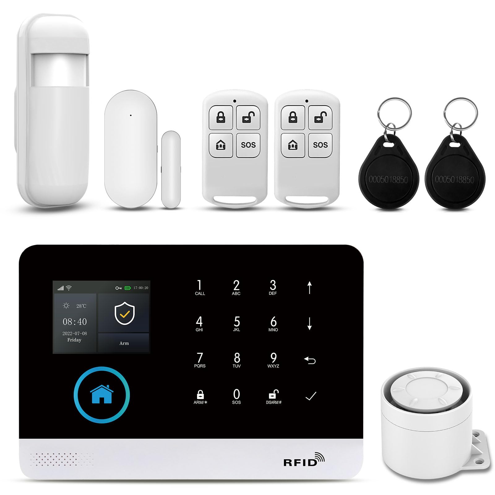 PGST Kit De 8 Peças Sistema Alarme Residencial Sem Fio, Wi-Fi/4G Para Segurança Com Alerta Aplicativo Telefone (Sensor Porta, Sirene, Controle Remoto, Detector Movimento) Casa, Apartamento, Trabalho