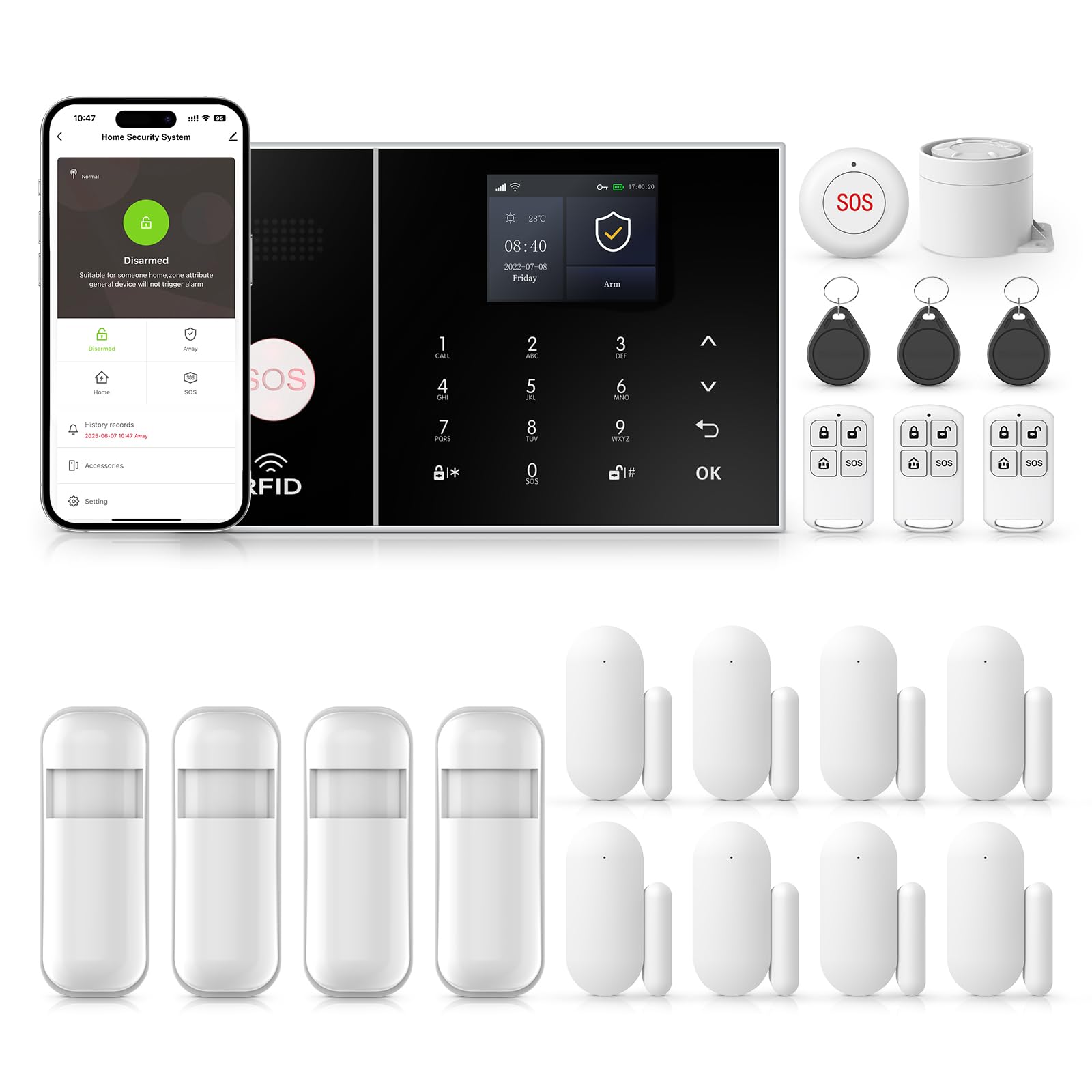 Kit de Alarme de Segurança Residencial Inteligente 4G, Sistema de Alarme Residencial Sem Fio Wi-Fi com Sirene, Sensor de Movimento Pir, Controles Remotos E Sensor de Janela/Porta.