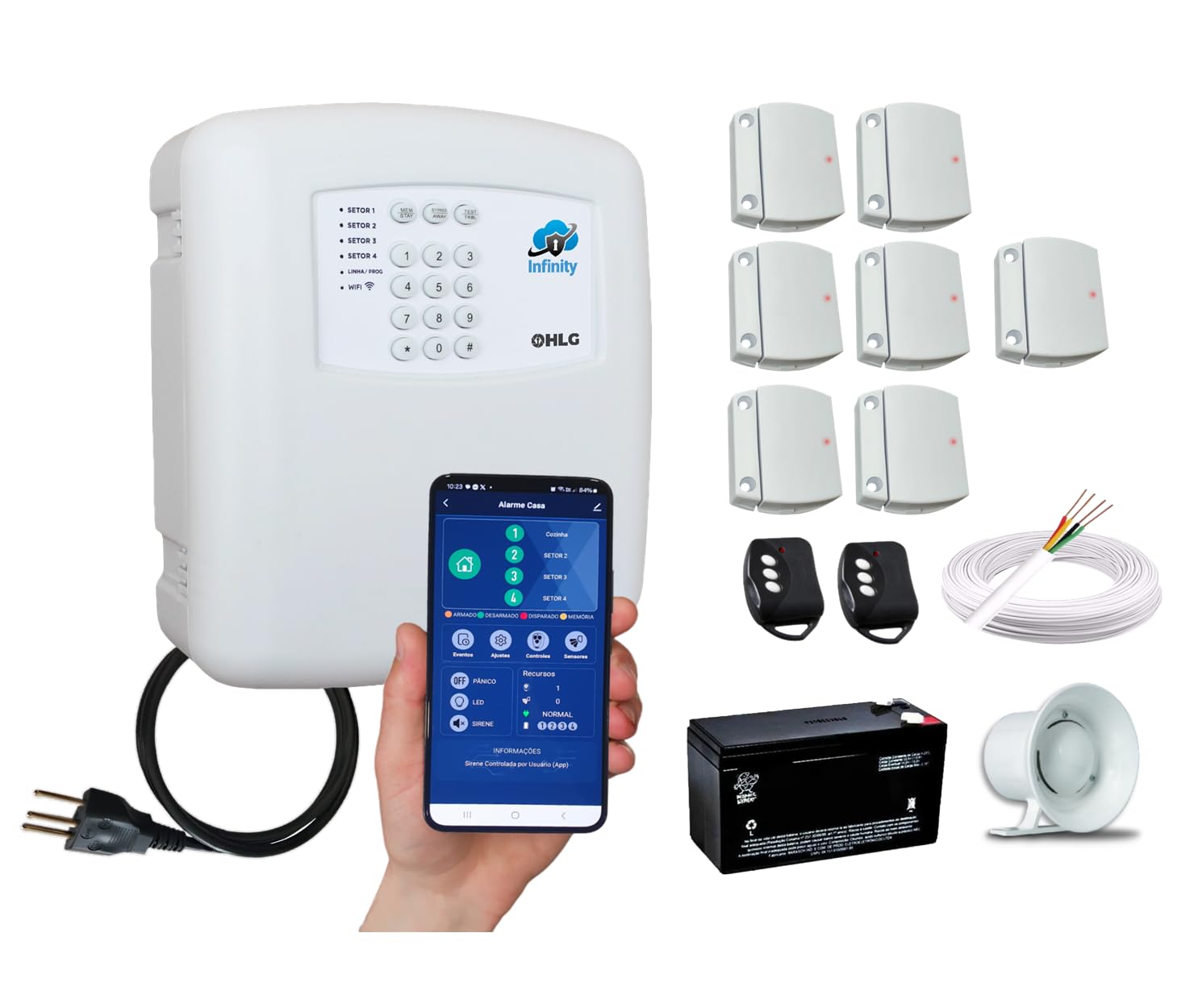 Kit Central de Alarme Infinity WiFi c/ App Grátis - com Sensores Sem Fio, Bateria No Break, Sirene, completo - Monitore seu Alarme pelo Celular de onde Estiver
