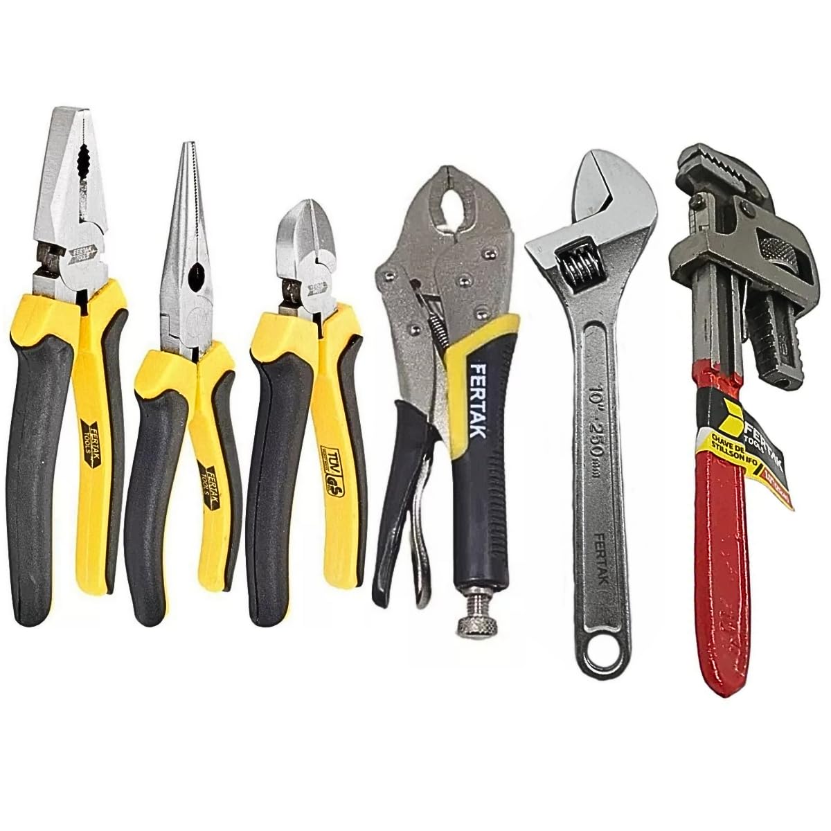 Kit-1 Alicate Universal 8Pol+1 Bico 6”+1Corte 6"+1 Pressão 10"+1 Chave Inglesa 10”+1 Grifo 10”Fertak