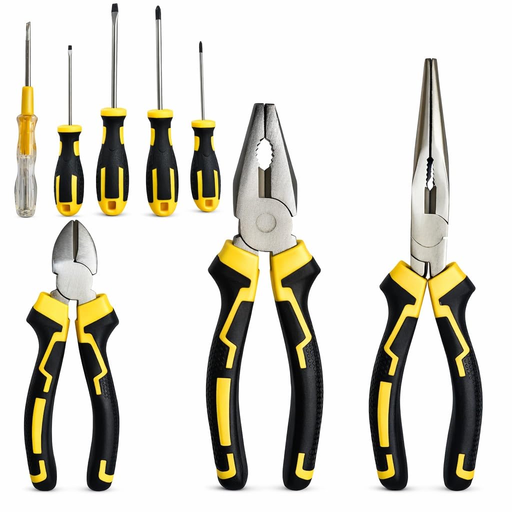 Alicate Universal Corte Diagonal Bico Longo 8 Polegadas Chaves Cabos Emborrachado Ergonômicos Imantadas Kit Ferramentas Eletricista Profissional Uso Profissional e Doméstico