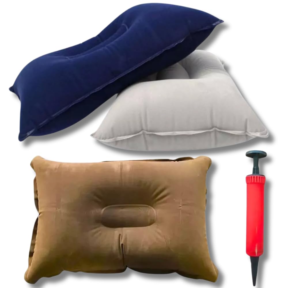 Kit de 2 Travesseiros Inflável Aveludado Ergonômico Descanso Pescoço Para Viagem Carro Portátil Praia Acampamento Piquenique