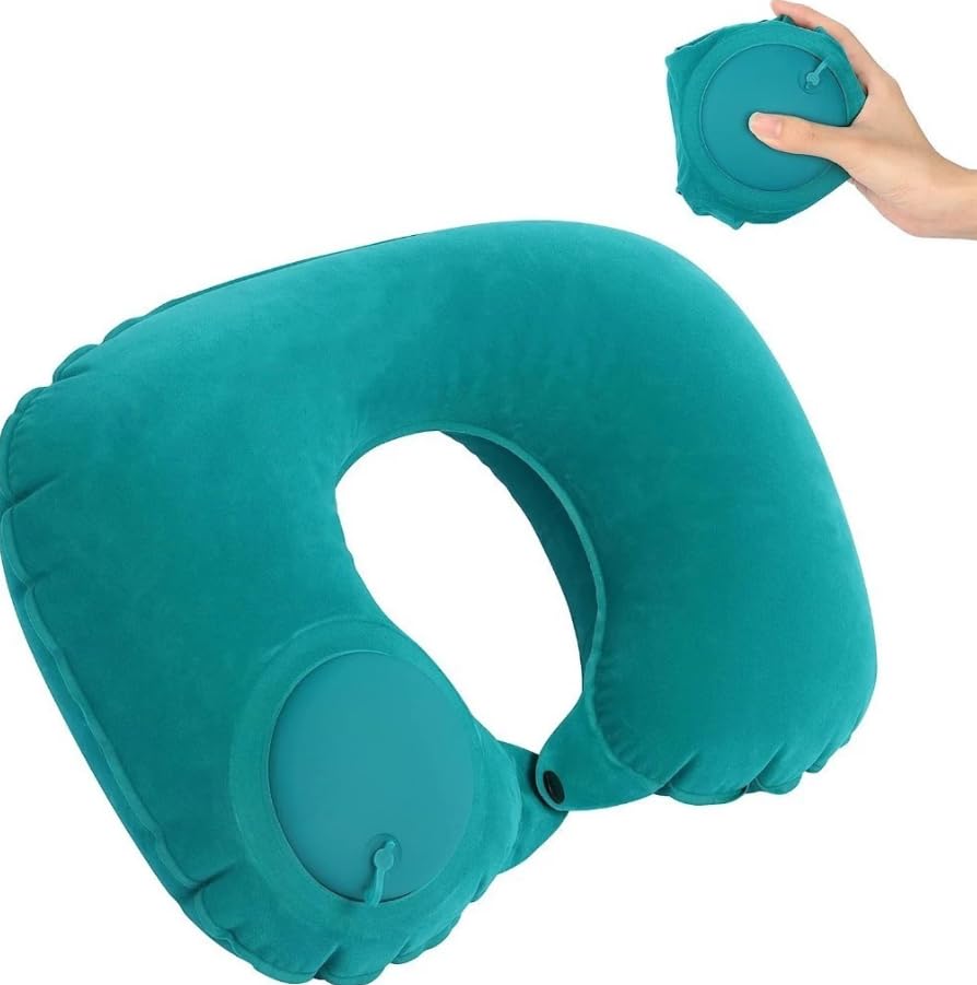 Almofada de Pescoço Inflável para Viagem, Verde Turquesa, Dobrável e Portátil