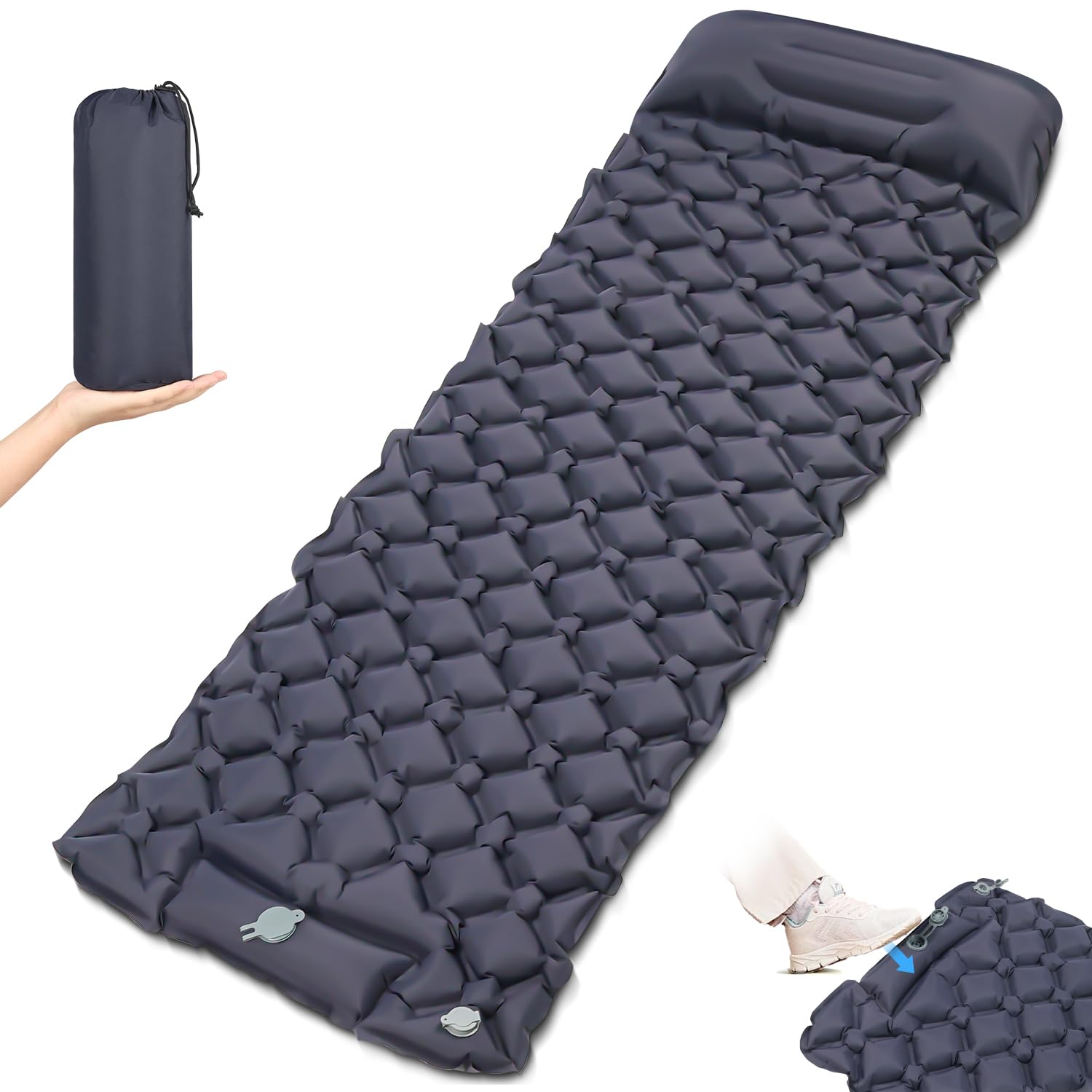 182 x 62 cm Colchão Inflável Solteiro Confortável e Portátil, Colchonete Camping de Ar Inflável Tipo Push, Colchonete Camping com Travesseiro Inflavel, Cama de Ar para Casa