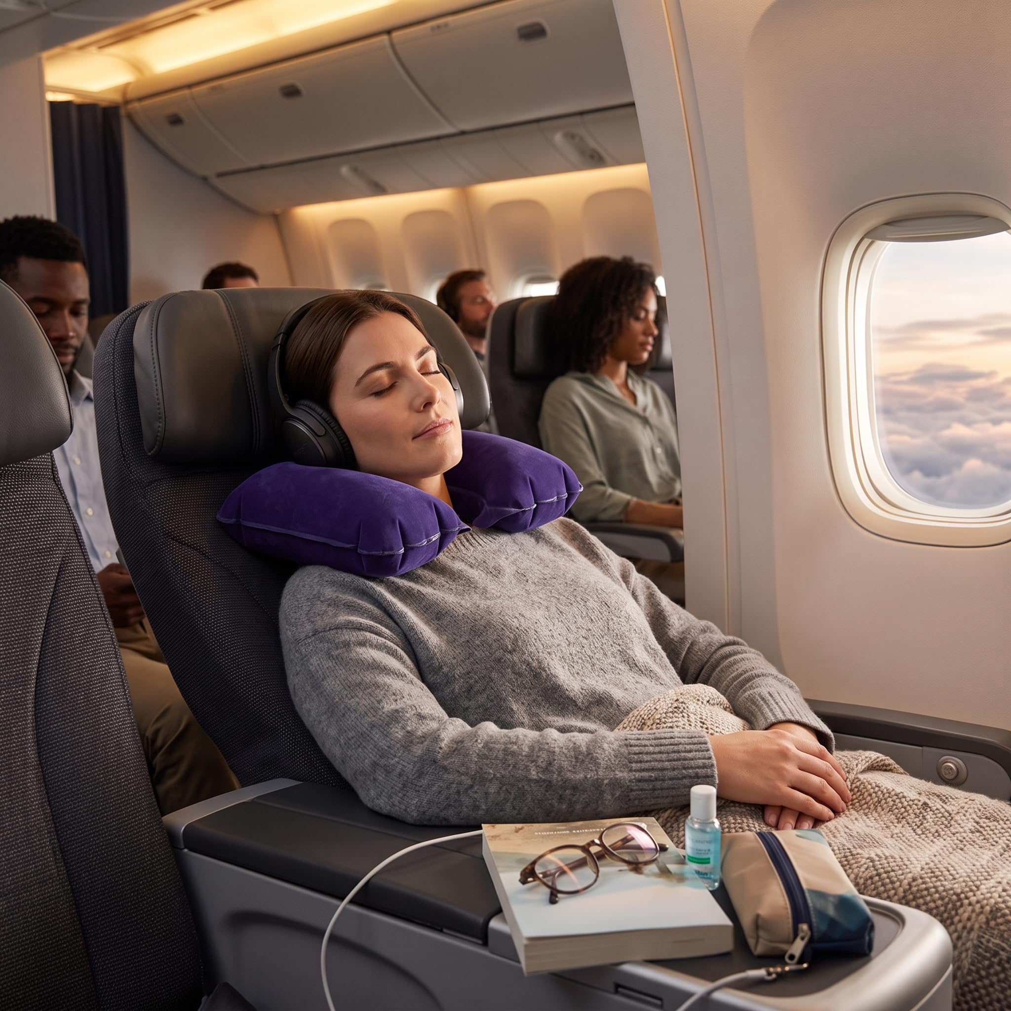 Almofada de pescoço inflável, design ergonômico em forma de U, leve e portátil para viagem no escritório, com material de flocagem de PVC