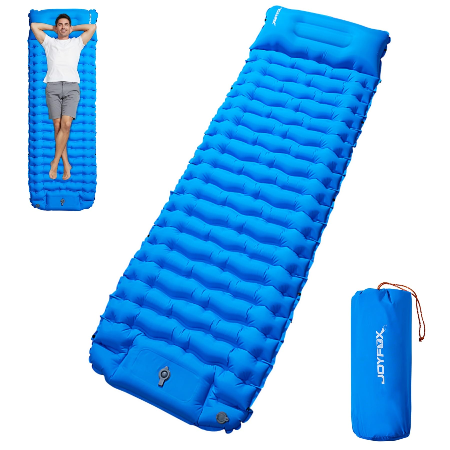 JOYFOX Colchonete Inflável para Camping com Travesseiro e Bomba de Pé, Isolante Térmico Solteiro 8cm, Nylon 40D Impermeável, Suporta 200kg (195x70x8cm)