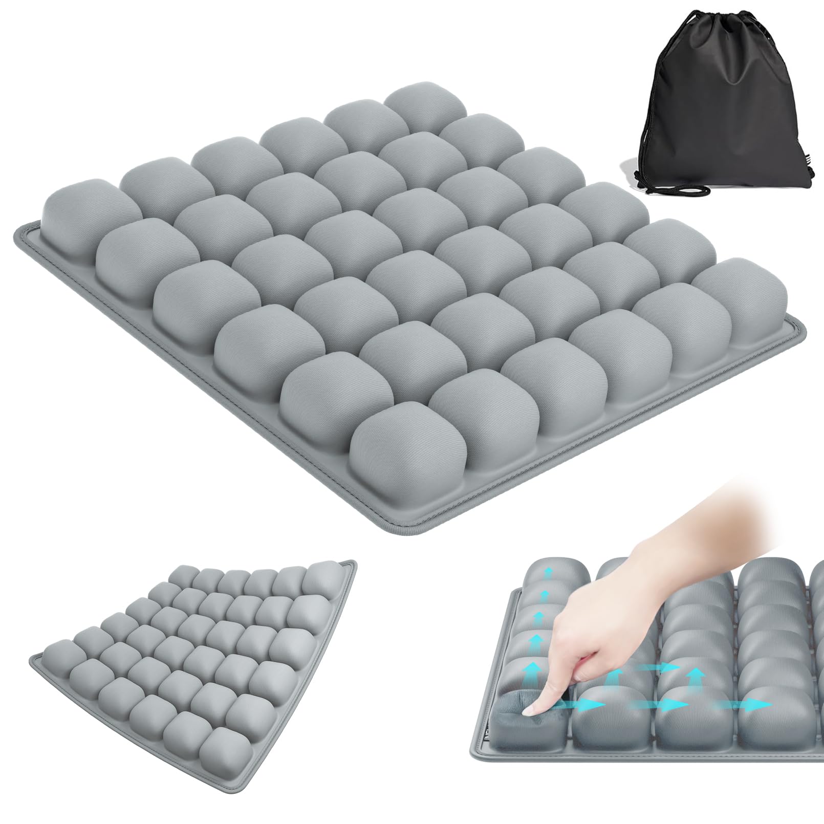 Almofada de assento inflável pressione para inflar avião de viagem carro | 44 cm x 44 cm x 4,6 cm, 36 células, suporta 150 kg, ergonômico, alívio de pressão, leve, antiderrapante