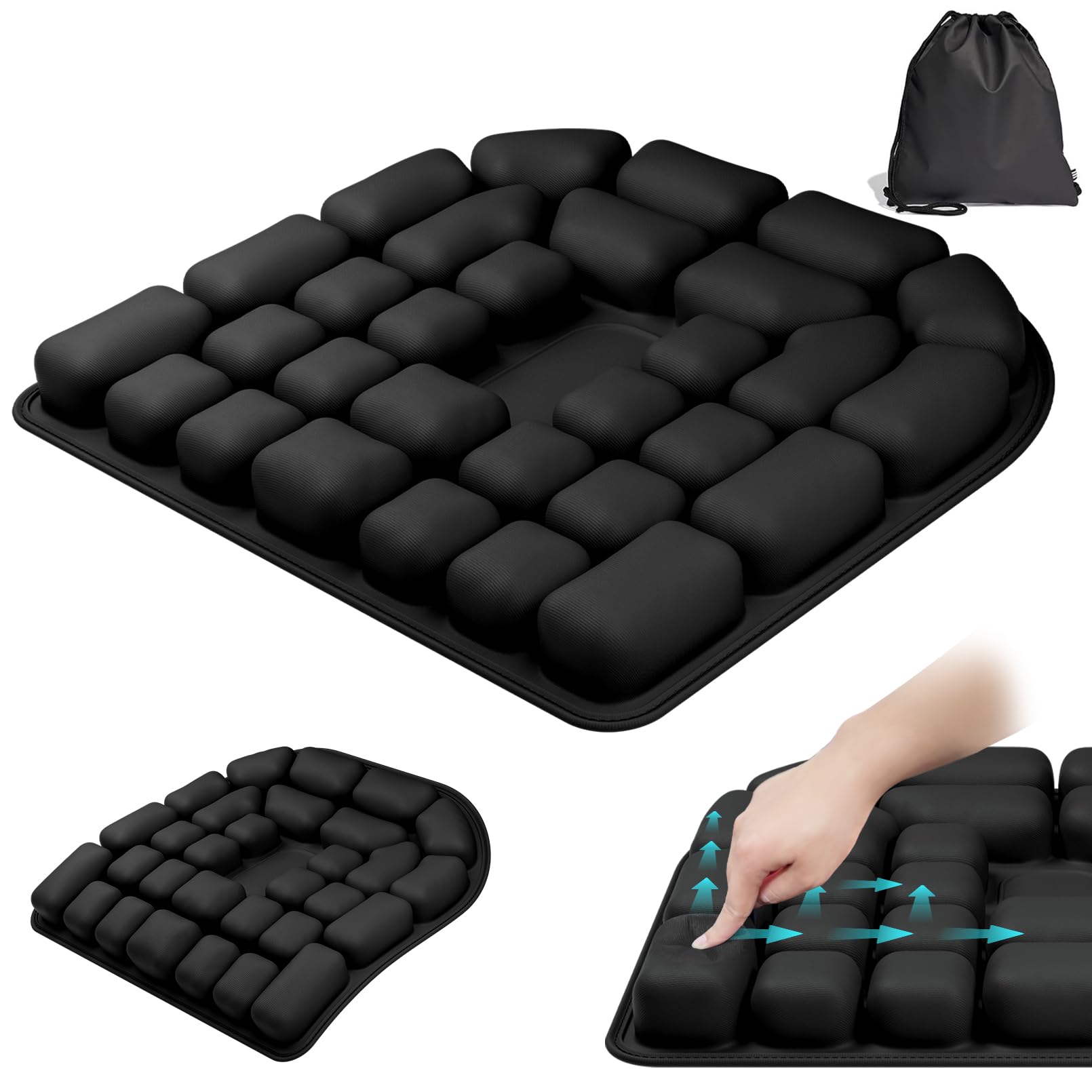 Almofada de assento inflável pressione para inflar avião de viagem carro | 45 cm x 43 cm, 30 células, suporta 150 kg, ergonômico, alívio de pressão, leve, antiderrapante, dobra com bolsa