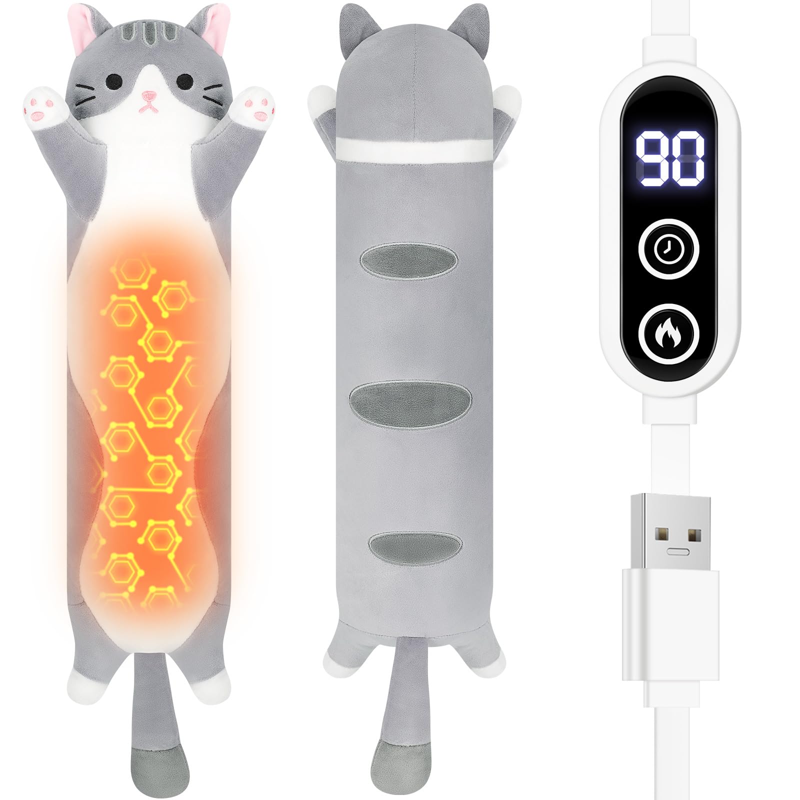 Almofada Térmica Para Gatos - Bichinho De Pelúcia Aquecido Por Usb Para Alívio De Cólicas Menstruais E Dores Menstruais, Almofada Térmica Elétrica Portátil De 56 Cm Em Formato De Gatinho