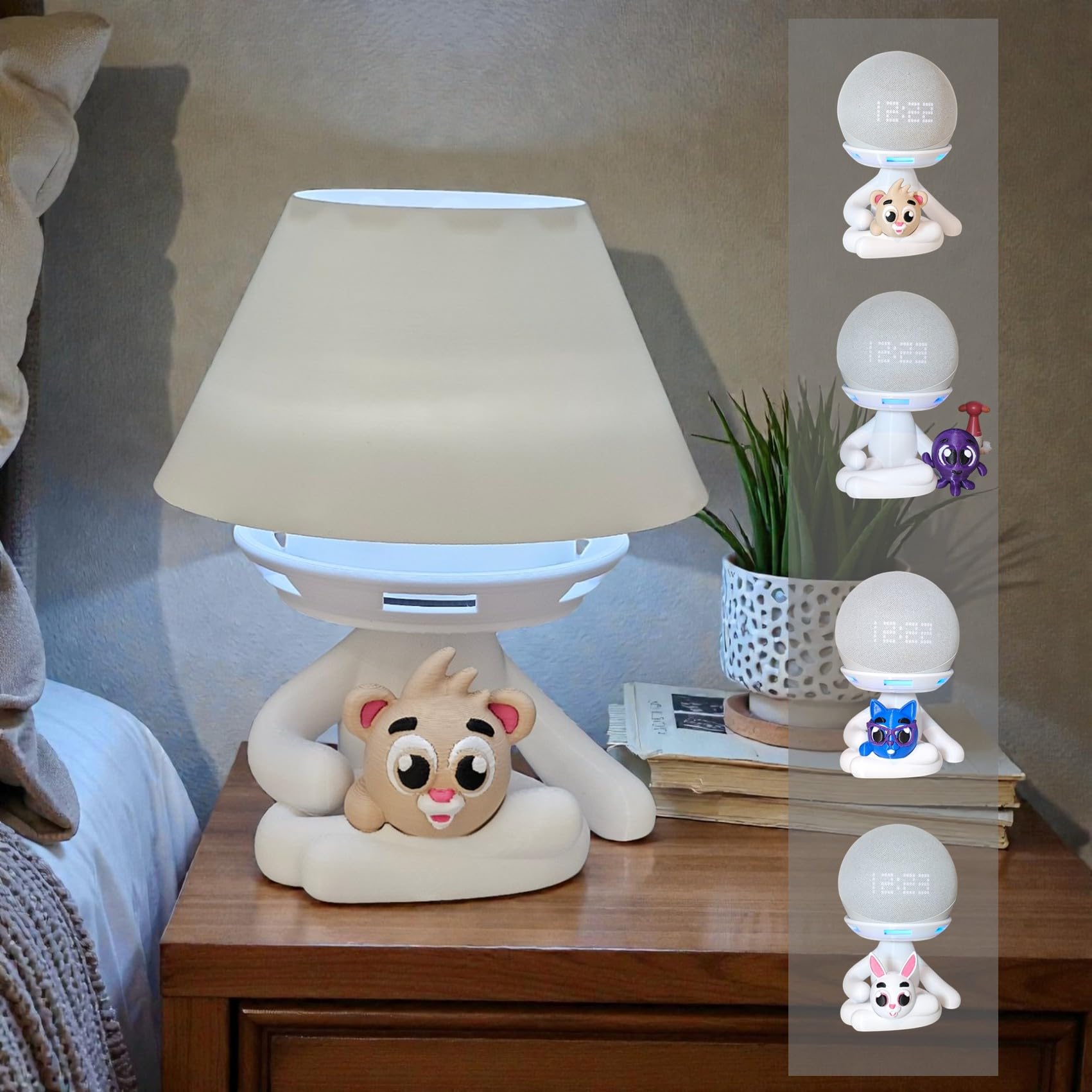 Luminária Abajur de Mesa c/LED sem fio e Suporte para Alexa Echo Dot, POP e MAX Robert Multi Leãozinho