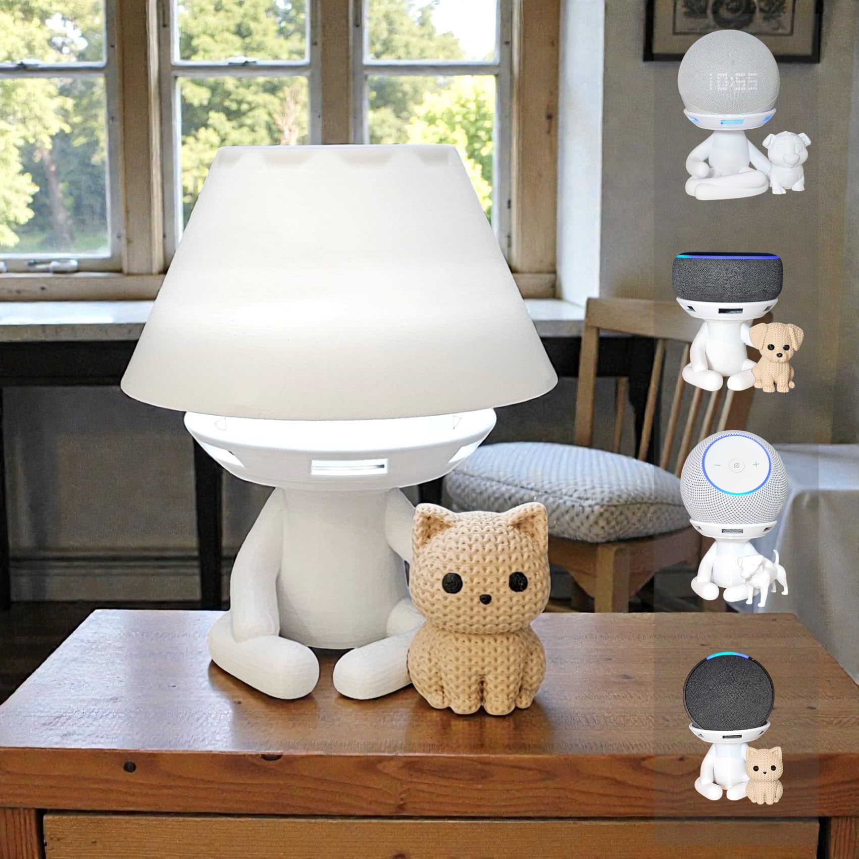 Luminária Abajur de Mesa c/LED sem fio e Suporte para Alexa Echo Dot, POP e MAX Robert Multi Gato caramelo