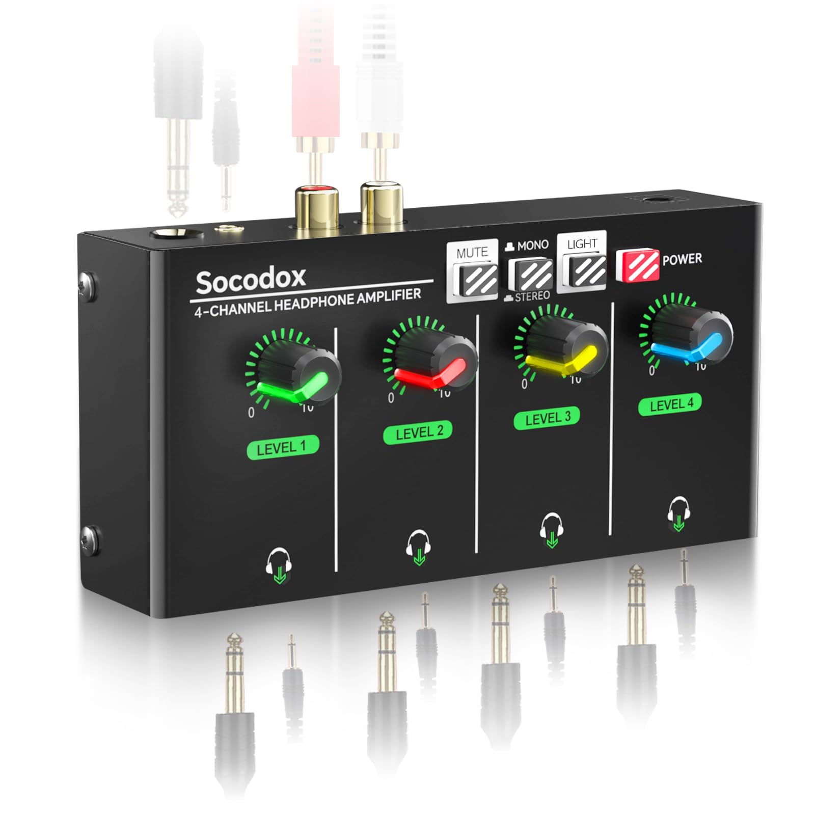 Amplificador de fone de ouvido de 4 canais 3,5 mm/6,35 mm/conectores RCA, mixer de fone de ouvido compacto de metal com 8 portas de saída de fone de ouvido, interruptor estéreo, função mudo