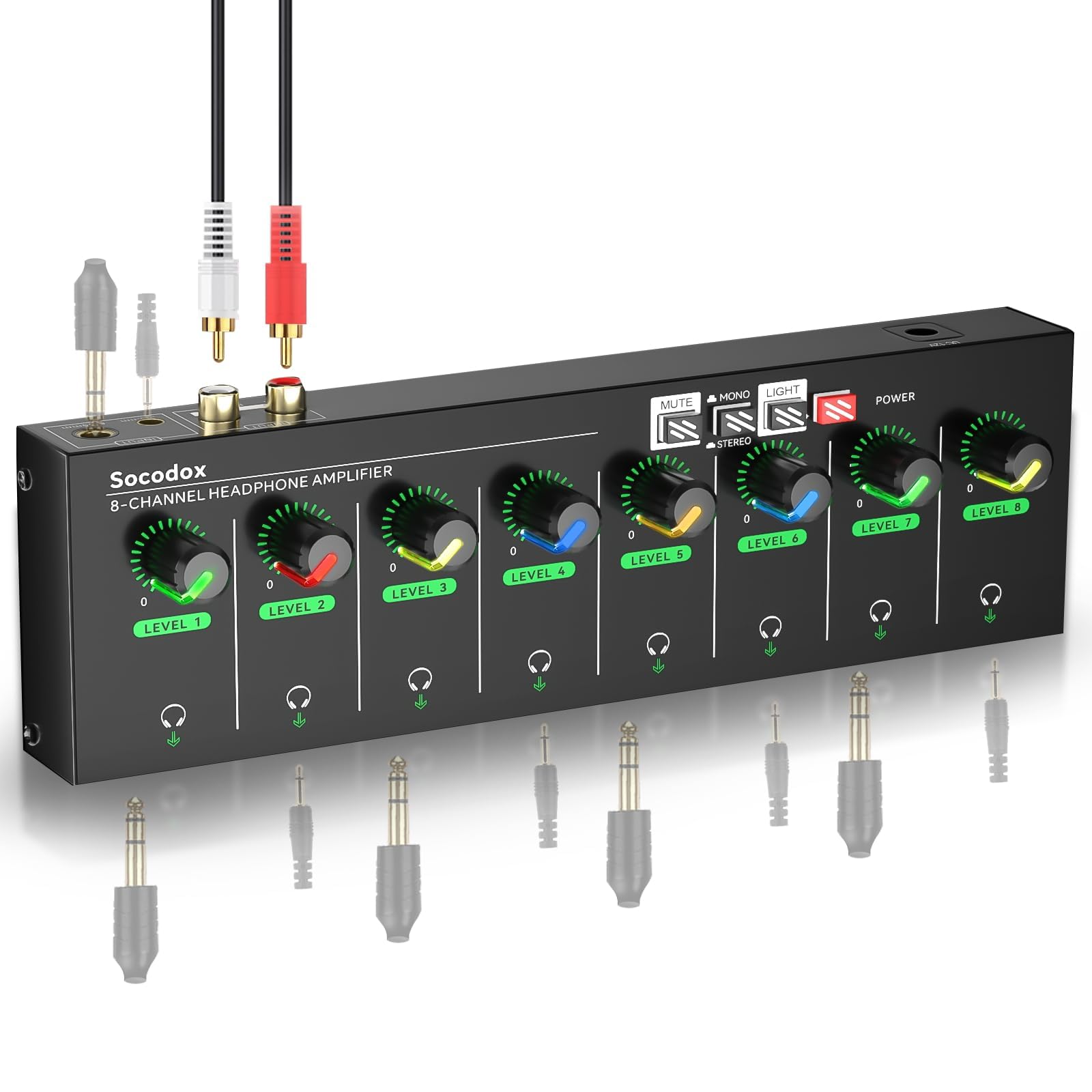 Amplificador de fone de ouvido de 8 canais 3,5 mm/6,35 mm/conectores RCA, mixer de fone de ouvido compacto de metal com 16 portas de saída de fone de ouvido, interruptor estéreo, função mudo,