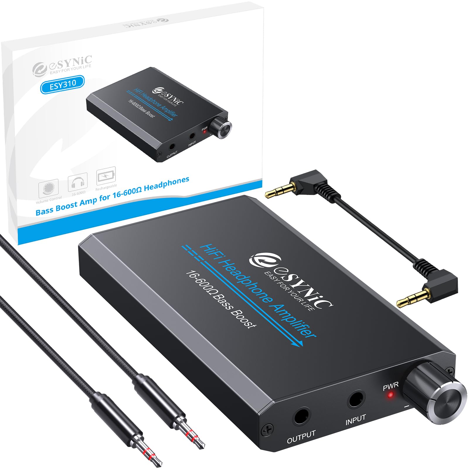eSynic Amplificador de fone de ouvido profissional de 16 a 300 Ohms de 3,5 mm, portátil, amplificador de volume, recarregável, amplificador de fone de ouvido de liga de alumínio, amplificador com
