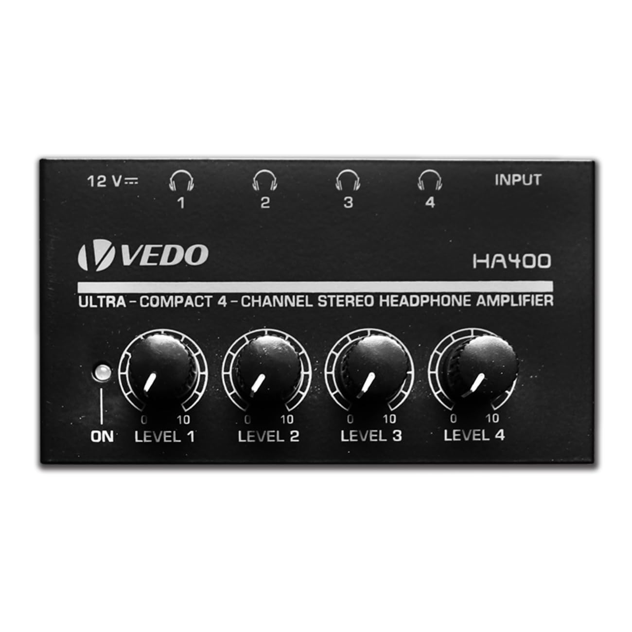 HA400 amplificador de fone de ouvido -4 canais amplificador de áudio estéreo de metal, 12V 1A, saída de fones de ouvido TRS de 1/4 "e entrada de áudio TRS para estágio de estúdio de guitarra de PC