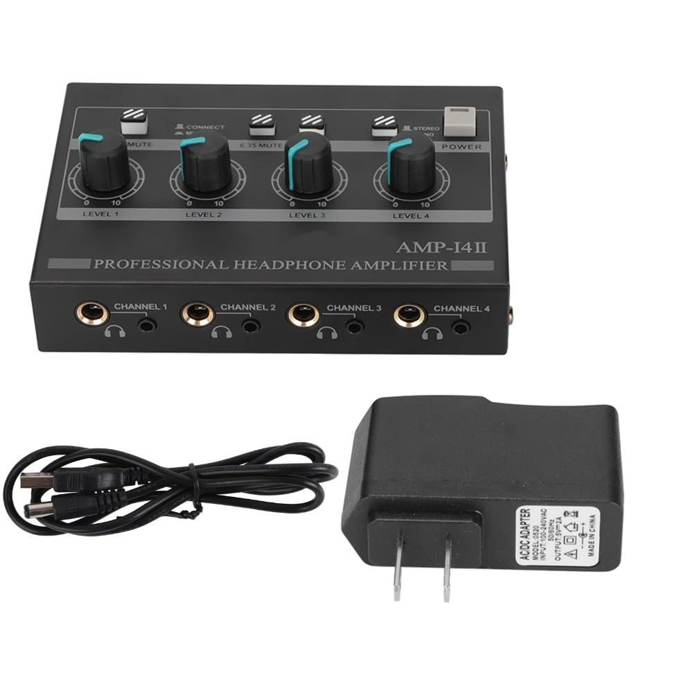 Amplificador de fone de ouvido AMP14II 4 canais, 8 saídas, várias entradas (para RCA/3,5 mm/6,35 mm), controle de volume individual, amplificador de fone de ouvido estéreo de 4 vias