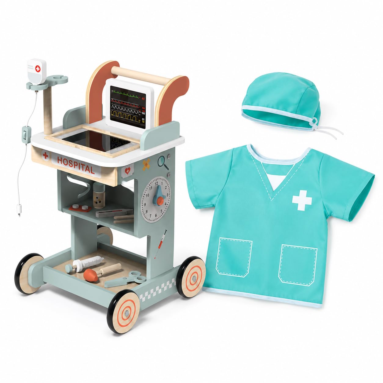Andador de bebê de madeira, kit médico de madeira, kits de médicos infantis com 15 peças de acessórios | Dr Pretend Playset para crianças/crianças de 3 a 5 anos, 6 a 8 anos