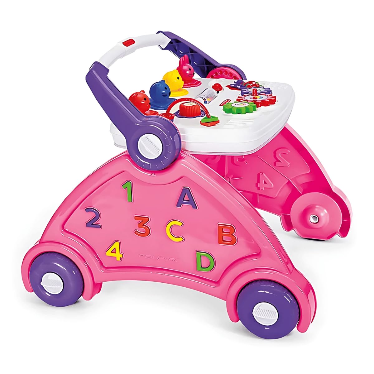 Andador Didático Infantil 3 em 1 Musical – Brinquedo Educativo para Bebês com Som de Animais, Base Lavável, Atividades Motoras e Alça para Apoio – A Partir de 6 Meses (rosa)
