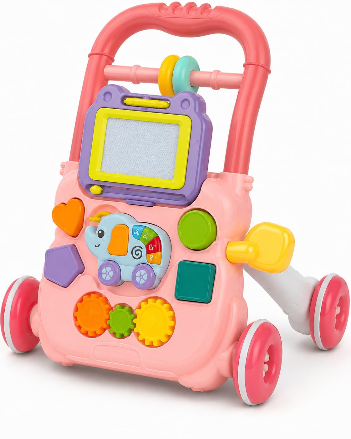Andador Infantil Educativo Rosa com Painel Musical Interativo, Luzes, Sons e Atividades para Desenvolvimento Motor do Bebê