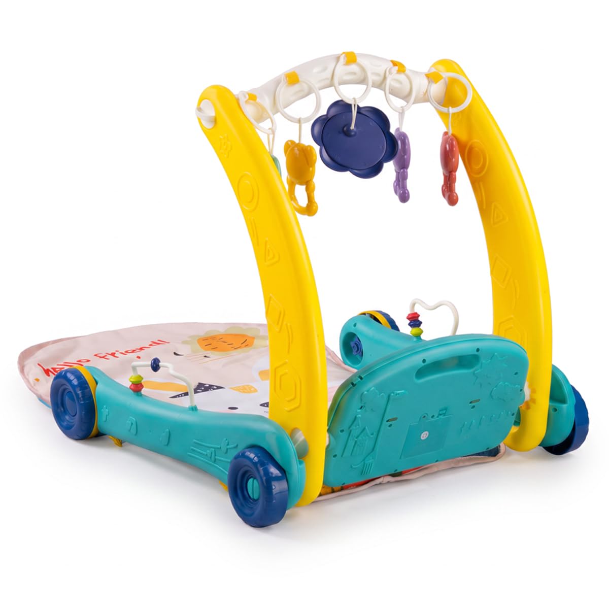 Andador Infantil Musical 2 em 1 com Tapete de Atividades | Piano Interativo, Móbiles Suspensos, Empurrador de Apoio, Multifuncional, Para Bebês
