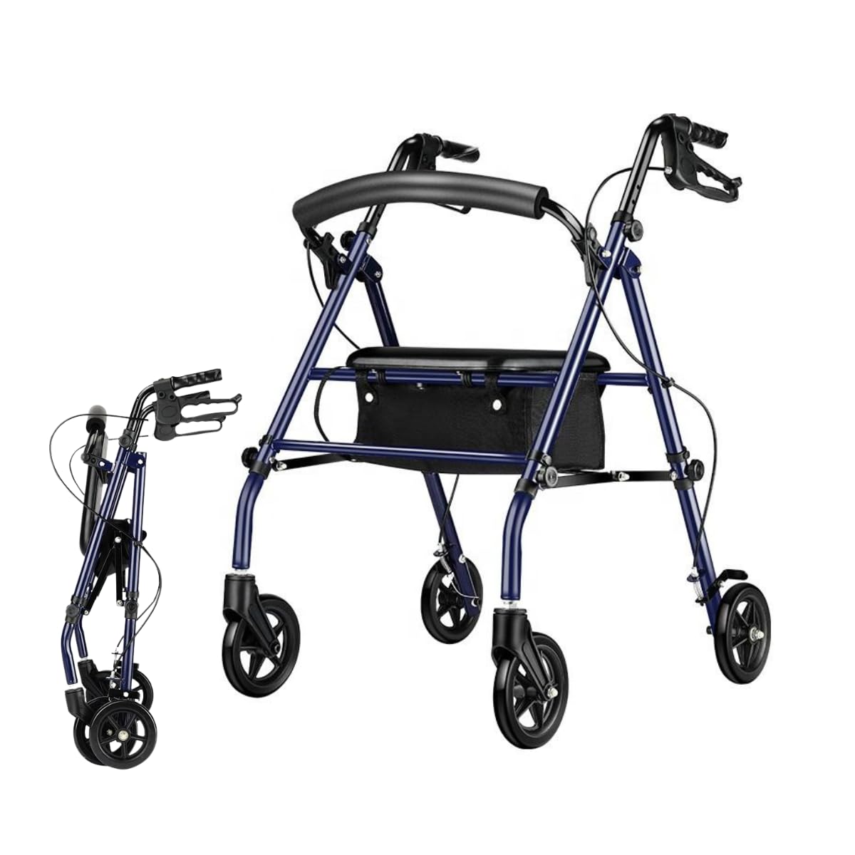 Andador com 4 rodas, rollator em aço com assento, encosto e freios manuais. | Altura Regulável 73-88 cm Estrutura Dobrável, Peso 8 kg