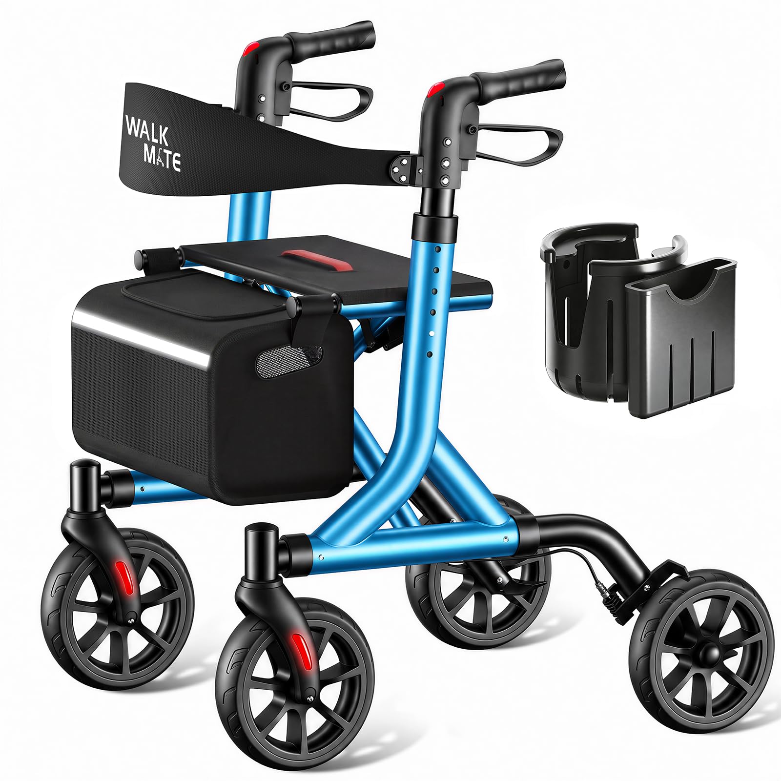 WALK MATE Andador Rollator Para Idosos Com Porta-Copos, Botão De Ajuste De Altura Acionado Pelo Polegar, Rodas De 8", Assento Dobrável, Auxílio De Caminhada Leve De 6,7 Kg, Capacidade De 136 Kg, Azul