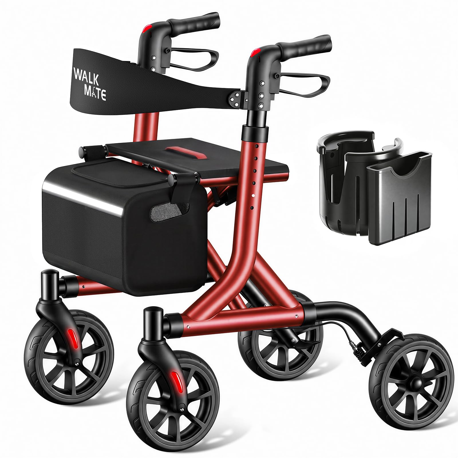 WALK MATE Andador Rollator Idosos Com Porta-Copos, Botão De Ajuste De Altura Acionado Pelo Polegar, Rodas De 8", Assento Dobrável, Auxílio De Caminhada Leve De 6,7 Kg, Capacidade De 136 Kg, Vermelho