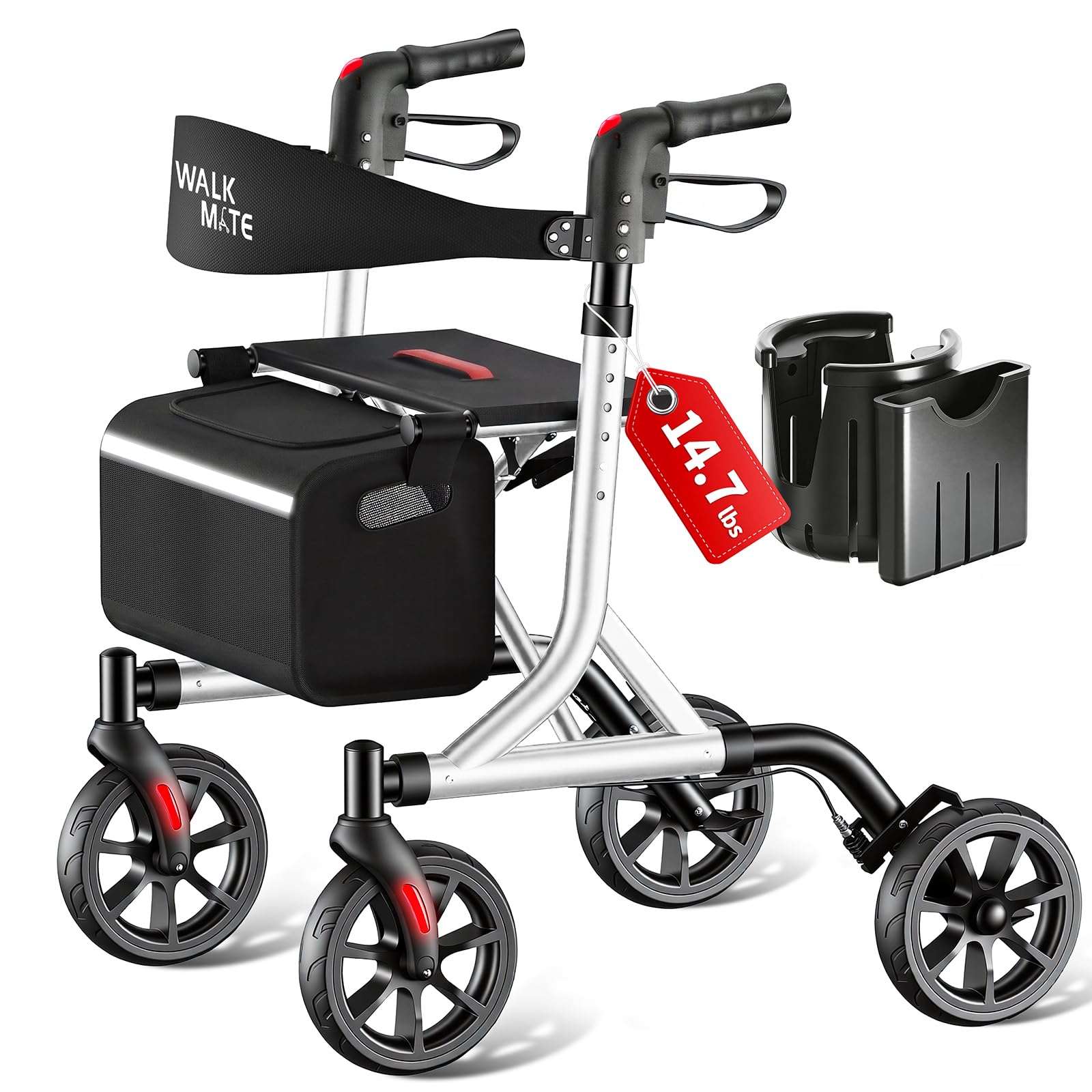 WALK MATE Andador Rollator Para Idosos Com Porta-Copos, Botão De Ajuste De Altura Acionado Pelo Polegar, Rodas De 8", Assento Dobrável, Auxílio De Caminhada Leve De 6,7 Kg, Capacidade De 136 Kg, Prata
