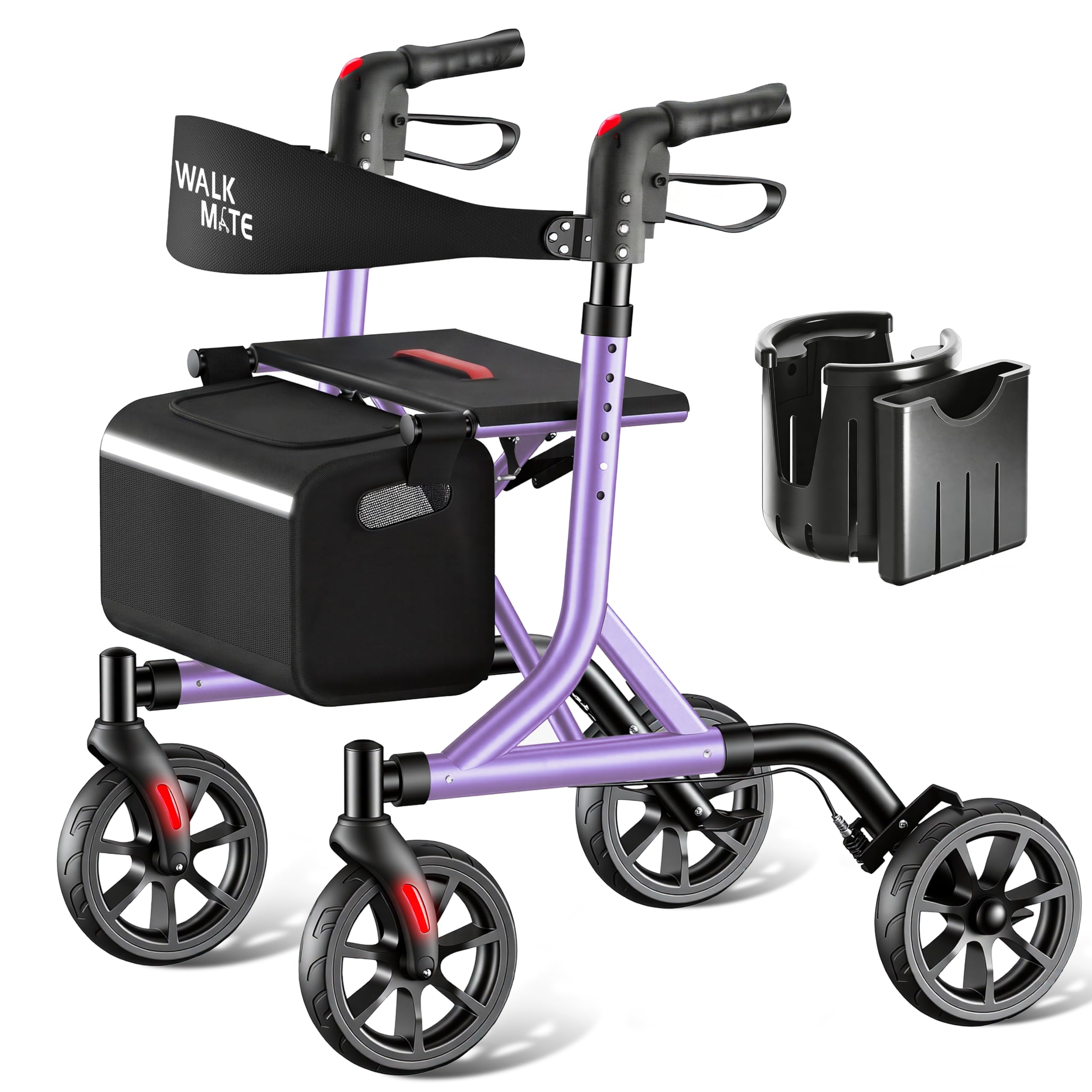 WALK MATE Andador Rollator Para Idosos Com Porta-Copos, Botão De Ajuste De Altura Acionado Pelo Polegar, Rodas De 8", Assento Dobrável, Auxílio De Caminhada Leve De 6,7 Kg, Capacidade De 136 Kg, Roxo