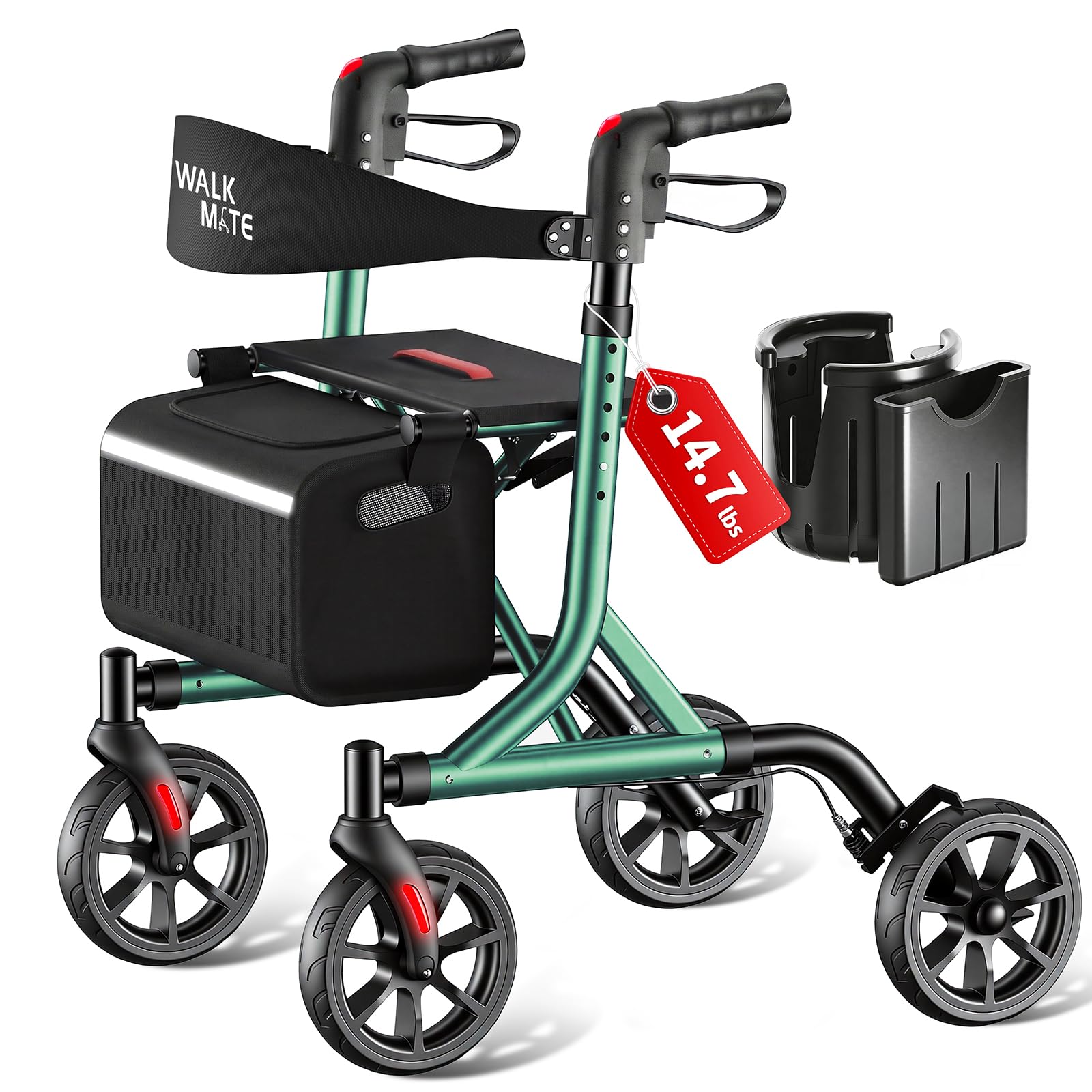 WALK MATE Andador Rollator Para Idosos Com Porta-Copos, Botão De Ajuste De Altura Acionado Pelo Polegar, Rodas De 8", Assento Dobrável, Auxílio De Caminhada Leve De 6,7 Kg, Capacidade De 136 Kg, Verde
