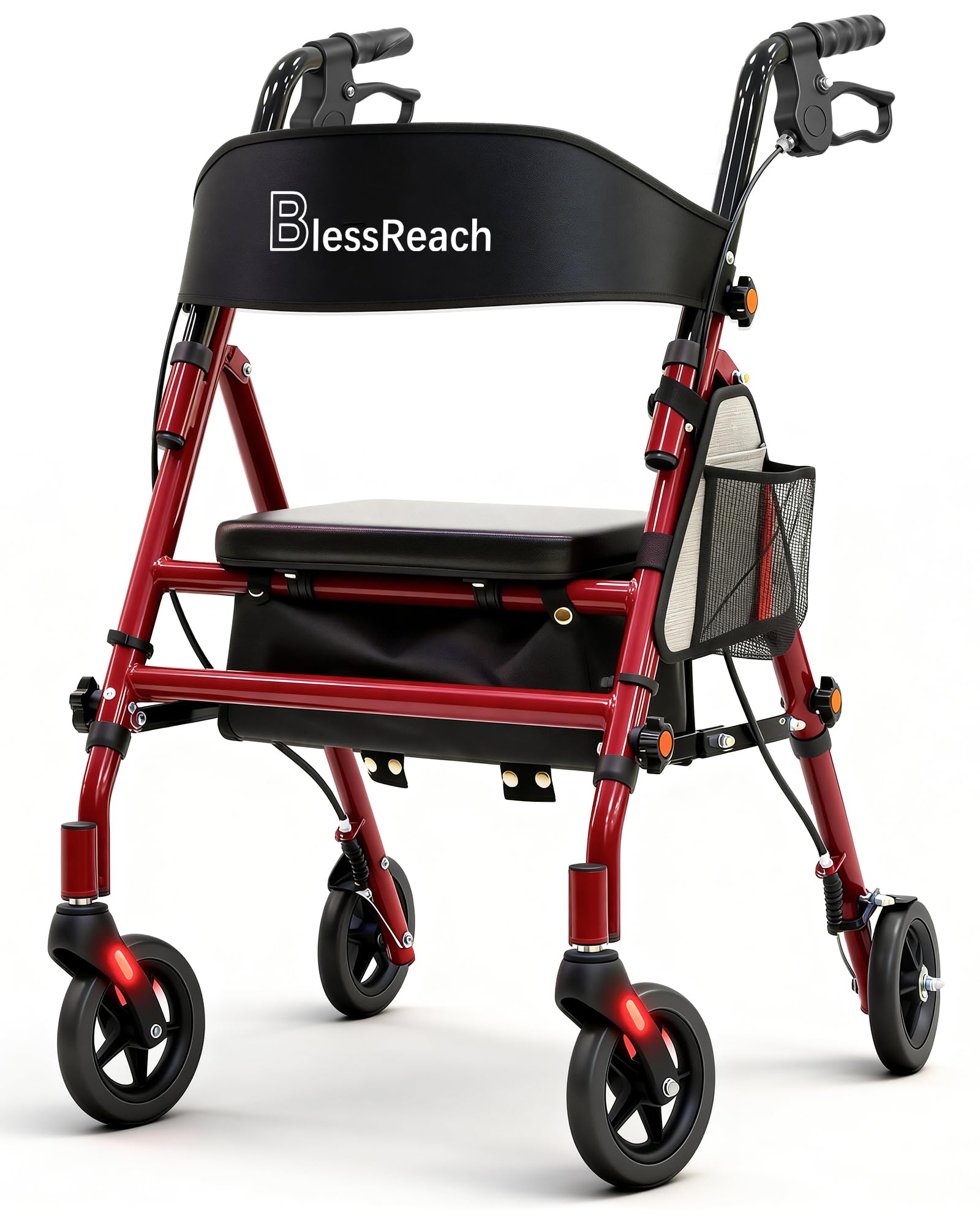 BlessReach Andador Rollator Dobrável E Leve Com Assento Para Idosos, Capacidade De 159 Kg, Altura Ajustável Em 5 Posições, Andador Híbrido Premium Com Rodas - Alumínio E Aço Carbono (Vermelho)