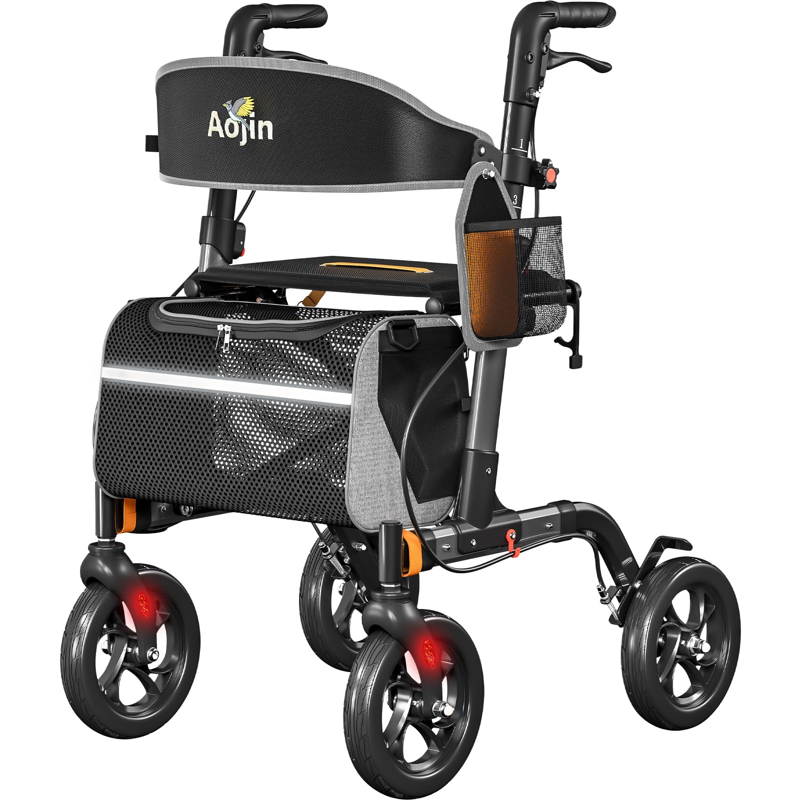 Aojin Andador Rollator Para Idosos Com Assento, Capacidade De Peso De 159 Kg, Assento Grande De 46 Cm, Rodas Todo-Terreno De 20 Cm, Altura Ajustável Em 6 Níveis, Estrutura Leve De Alumínio (Cinza)