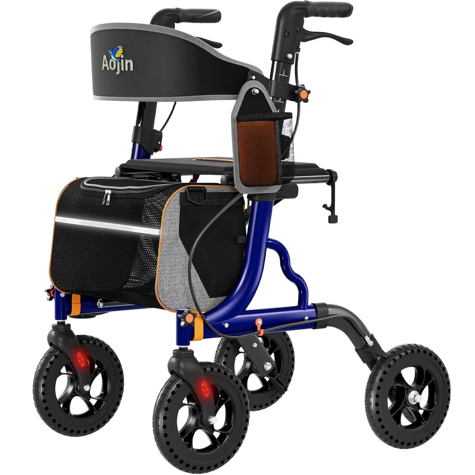 Aojin Andador Rollator Para Idosos Com Assento, Leve E Dobrável, Rodas Todo-Terreno De 8", Assento Grande De 18", Altura Ajustável Em 6 Níveis, Capacidade De 159 Kg, Azul