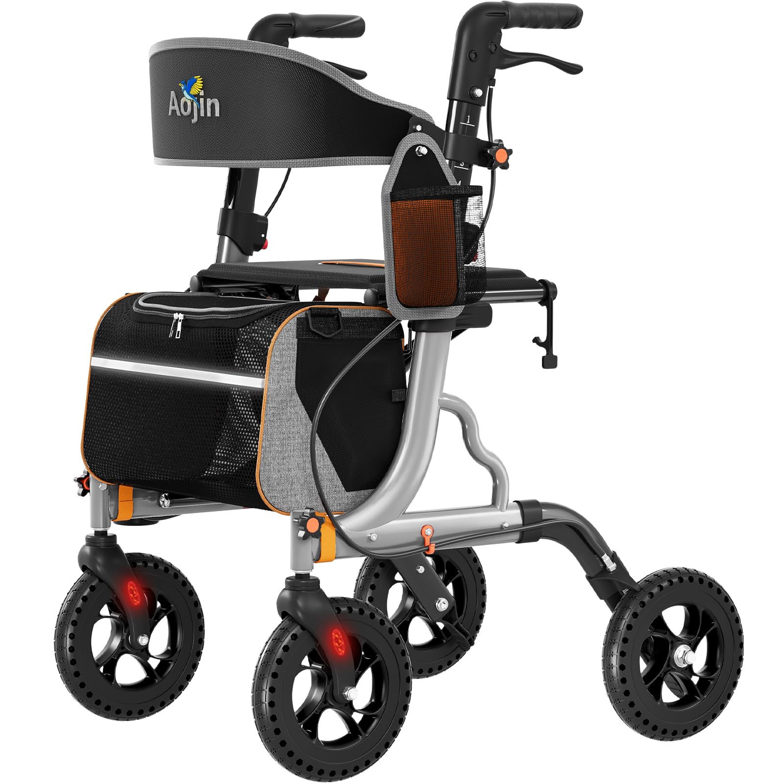 Aojin Andador Rollator Para Idosos Com Assento, Leve E Dobrável, Rodas Todo-Terreno De 8", Assento Grande De 18", Altura Ajustável Em 6 Níveis, Capacidade De 159 Kg, Prata